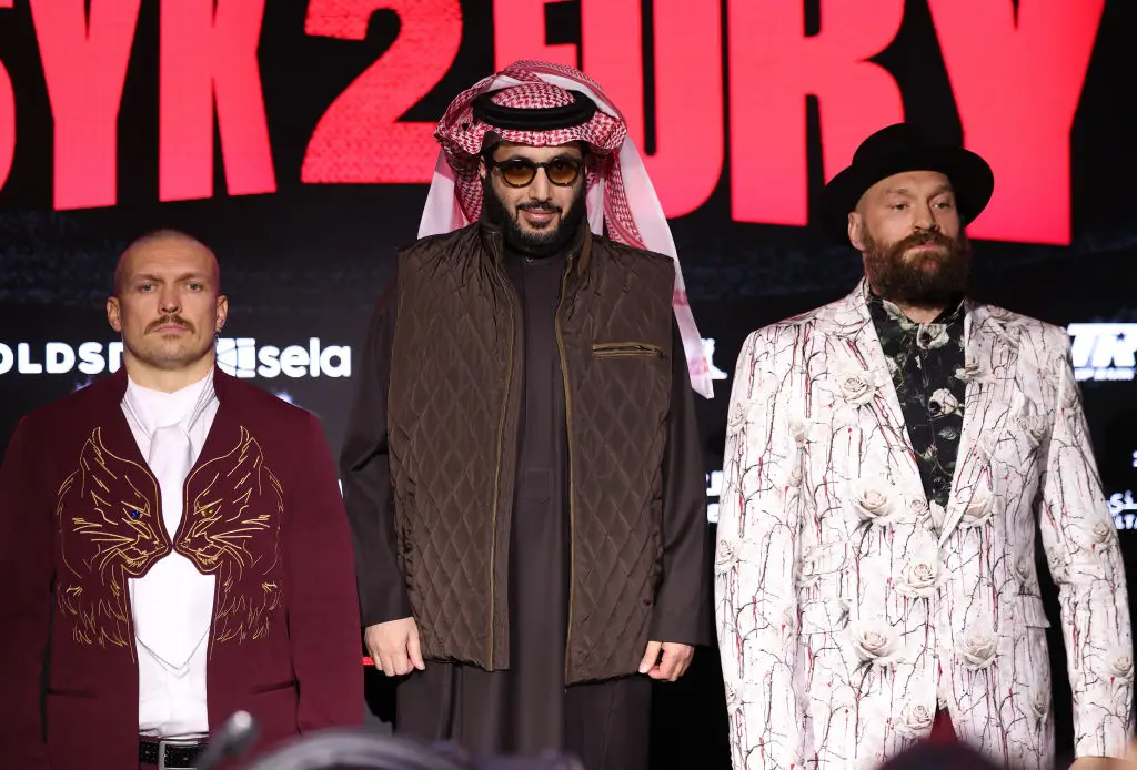 Oleksandr Usyk, Turki Alalshikh and Tyson Fury pictured (Image: Getty)