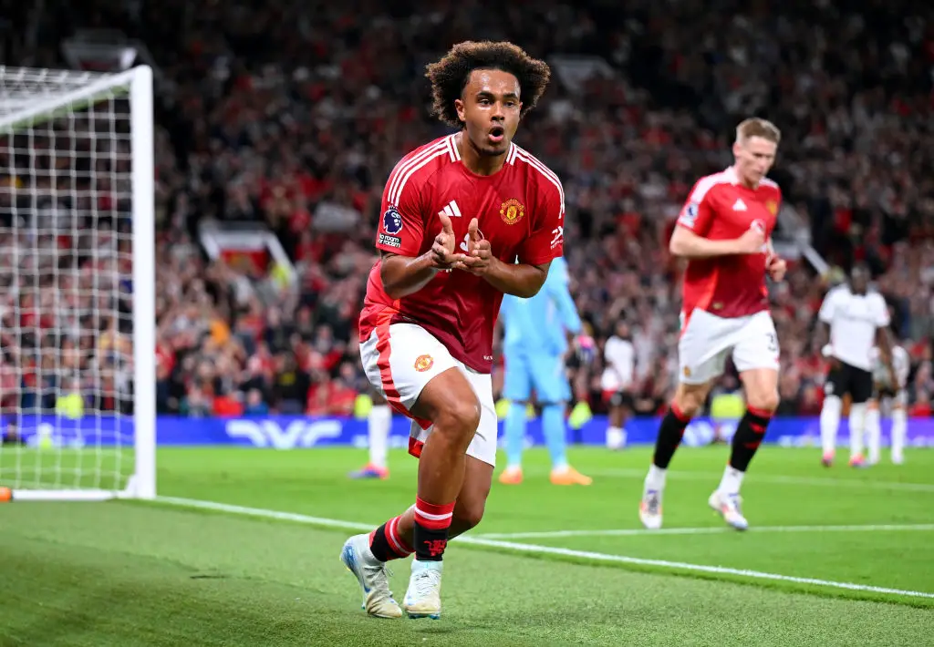 Zirkzee scored his debut goal for Manchester United in the 87th minute of their season opener against Fulham, winning the game. (Image: Getty)