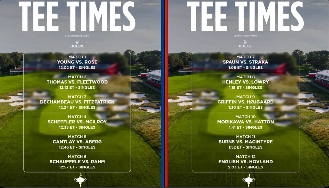 The tee times for the 12 singles matches on Ryder Cup Sunday (Image: Twitter/@RyderCup)