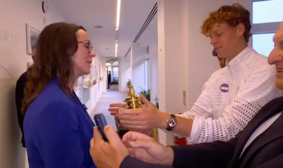 Sinner had to hand over his trophy. Image: BBC