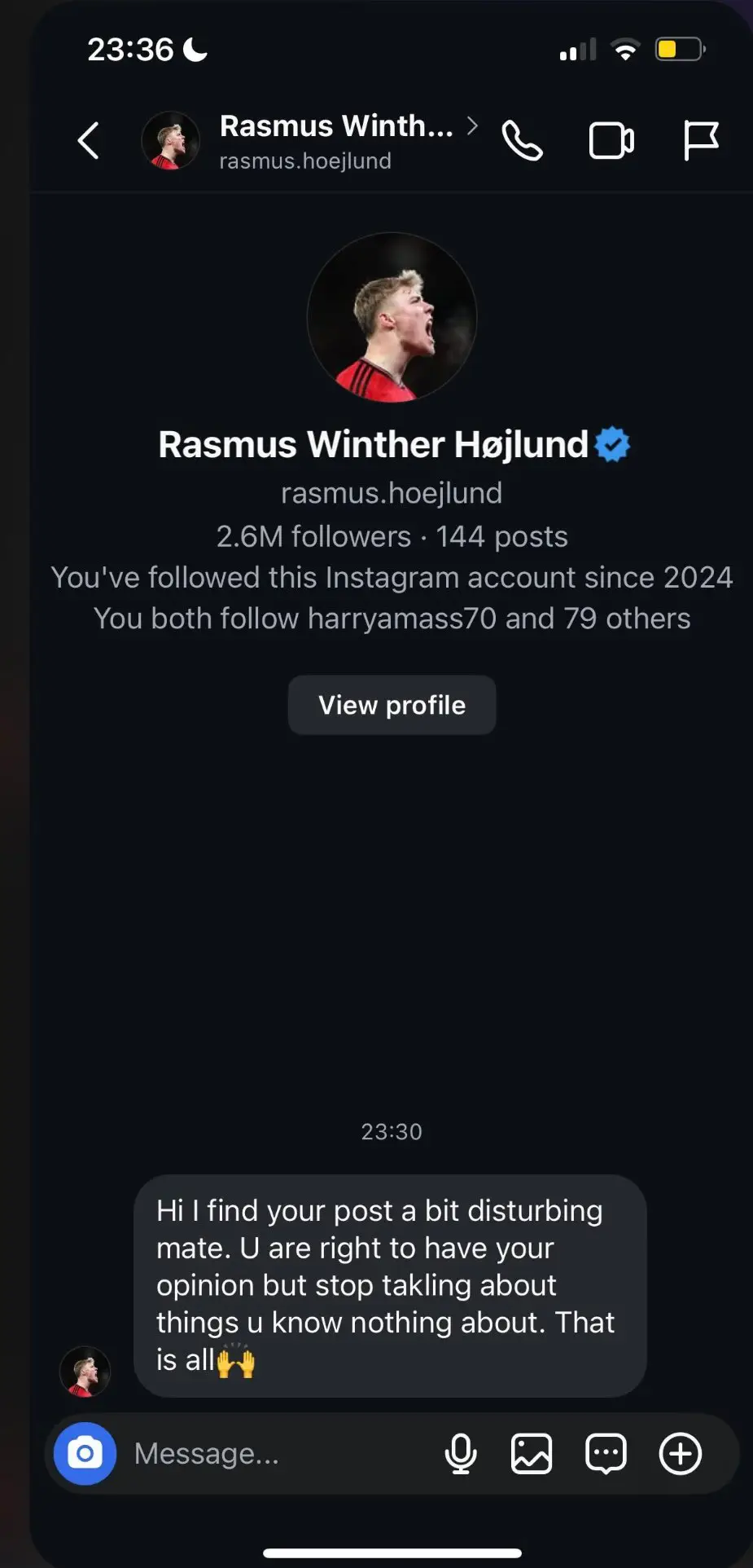 Rasmus Hojlund's alleged message to a fan on Instagram. Image: X/@utd8iiii