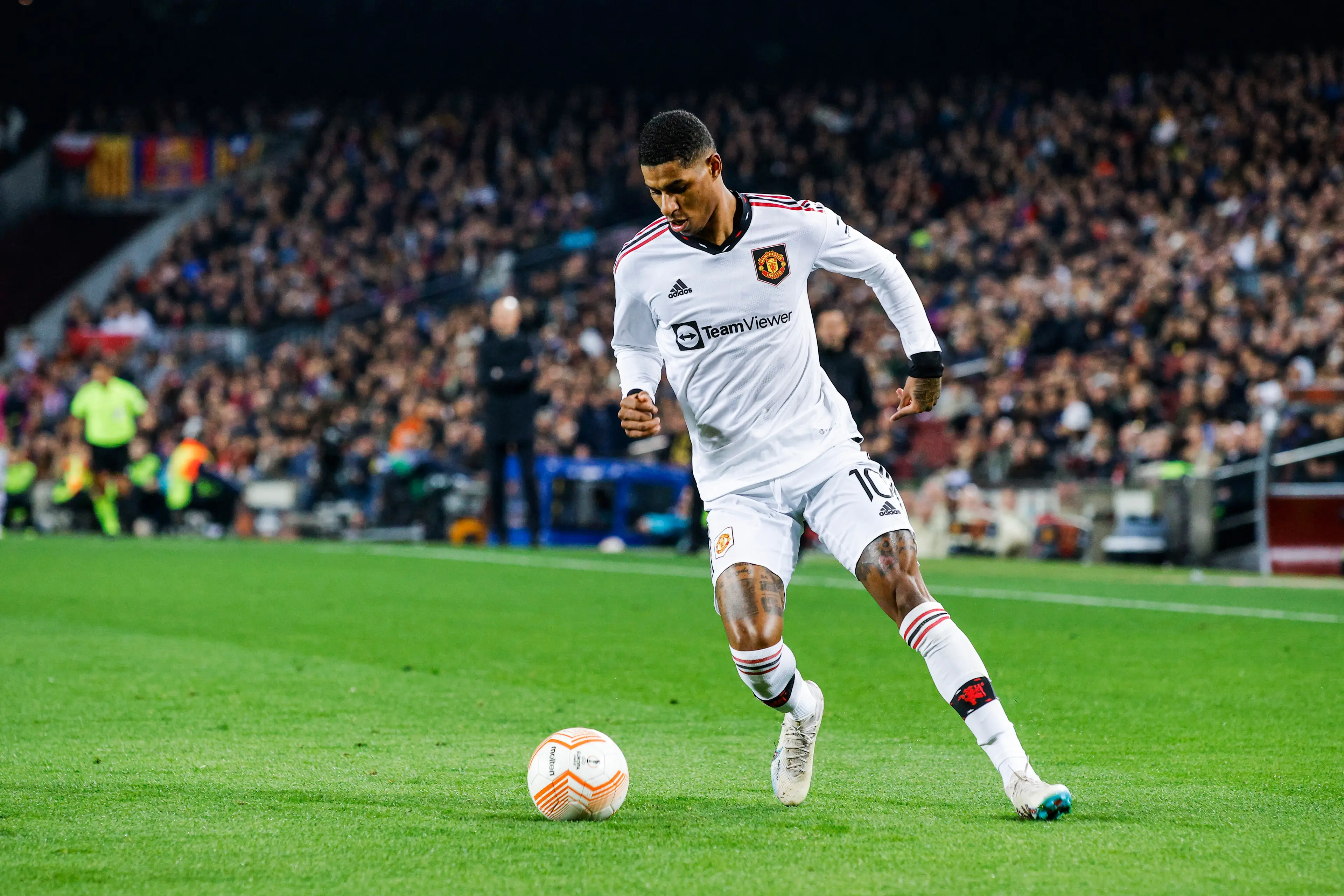 Marcus Rashford in action for Manchester United against Barcelona. Image: Getty 