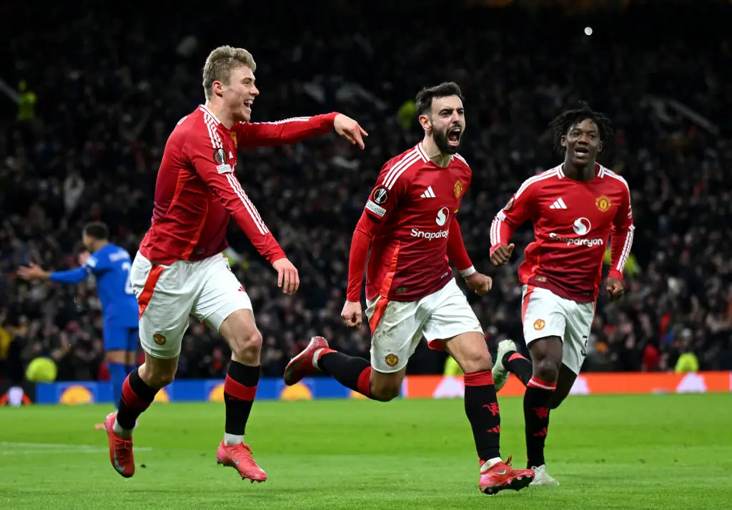 Bruno Fernandes celebrates Man Utd's winner in their 2-1 victory over Rangers (Image: Getty)