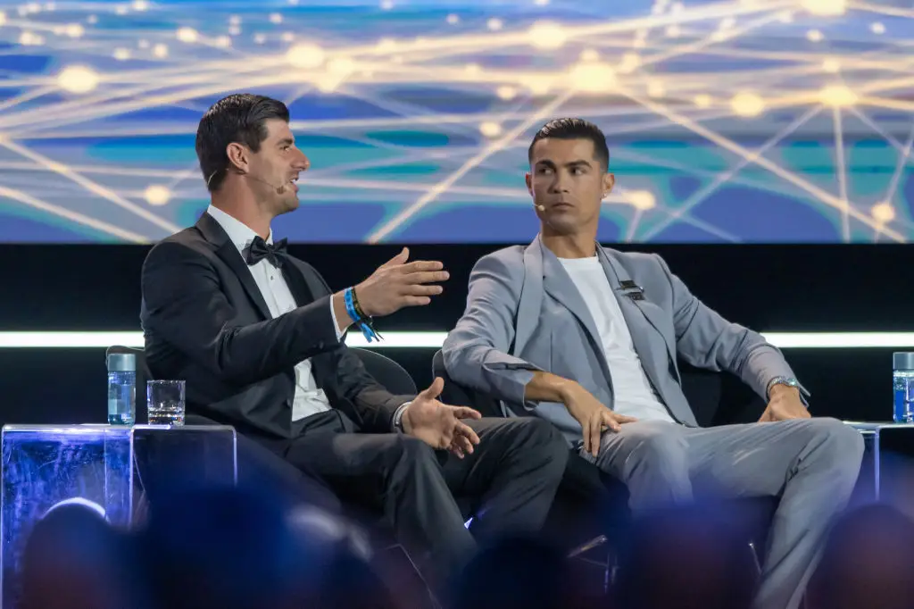 Cristiano Ronaldo (right) pictured alongside Real Madrid goalkeeper Thibaut Courtois at the 2024 Globe Soccer Awards (Image: Getty)
