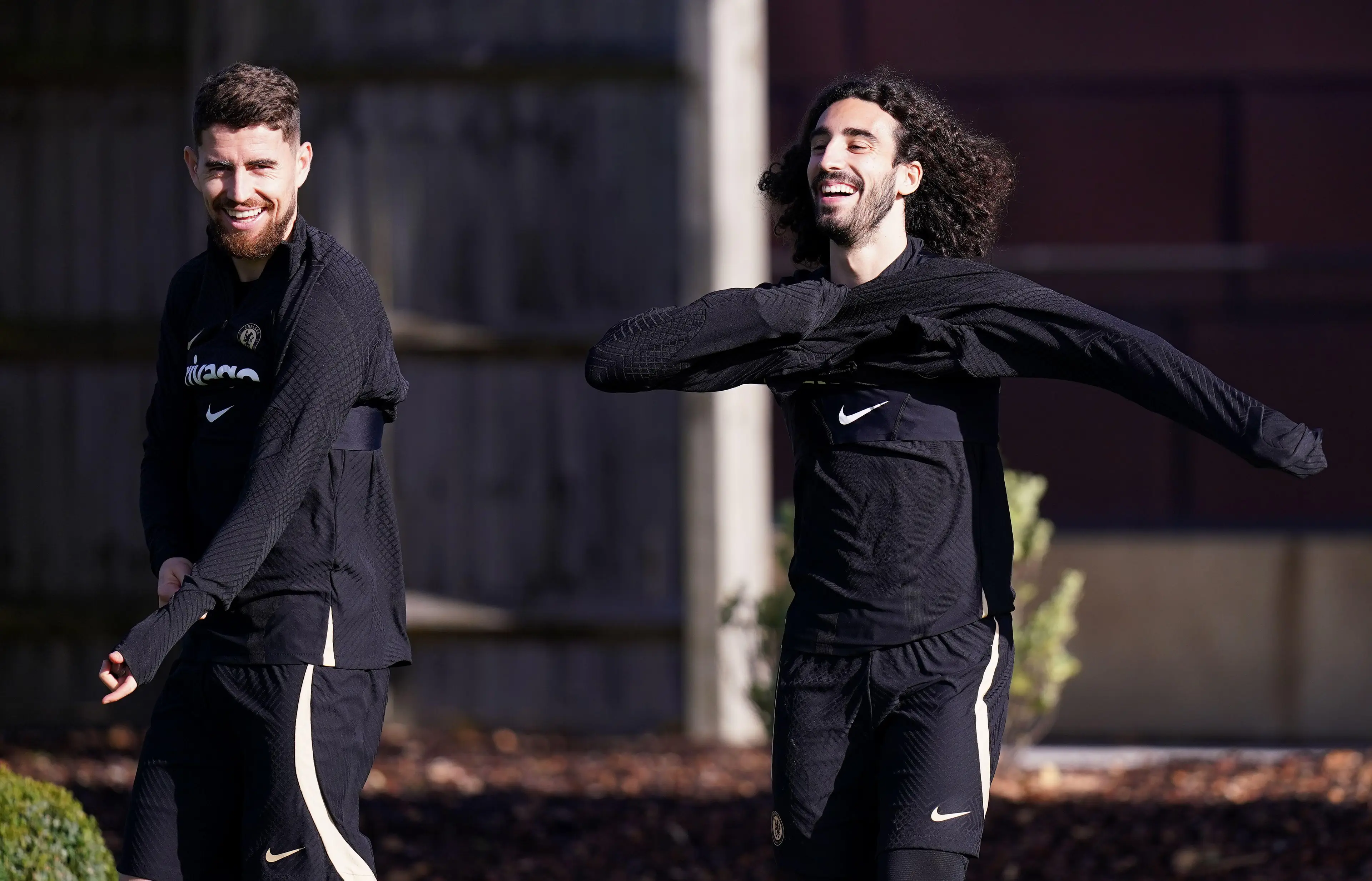 Chelsea's Marc Cucurella (right) and Jorginho during a training session at Cobham Training Centre. (Alamy)