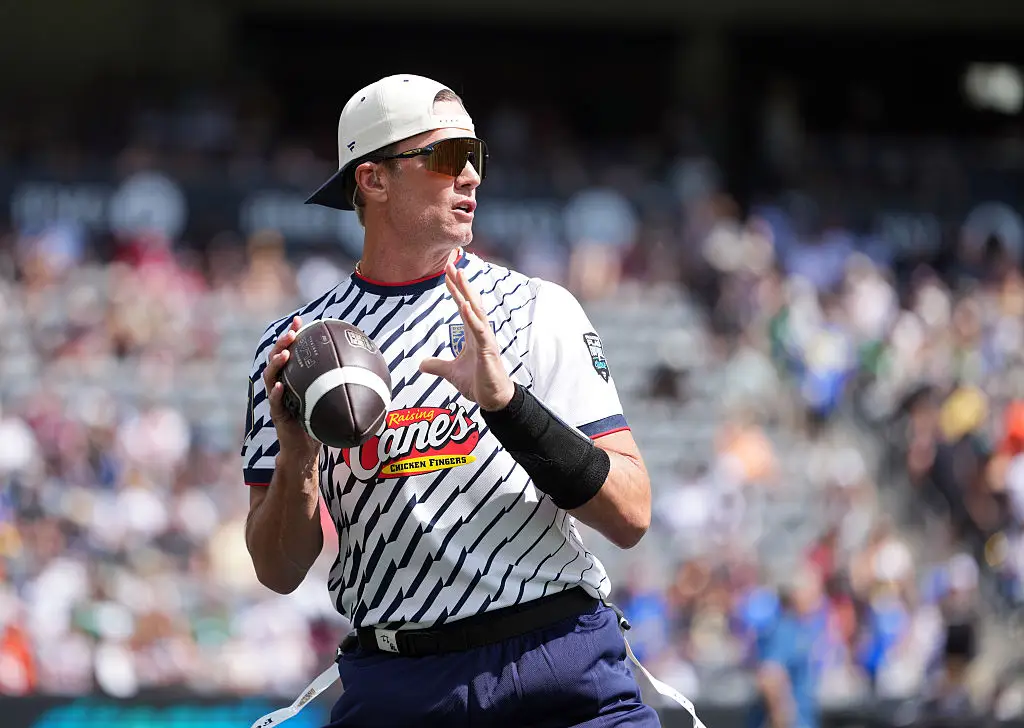 Tom Brady in action at the first-ever Fanatics Flag Football Classic at BMO Stadium (Credit:Getty)
