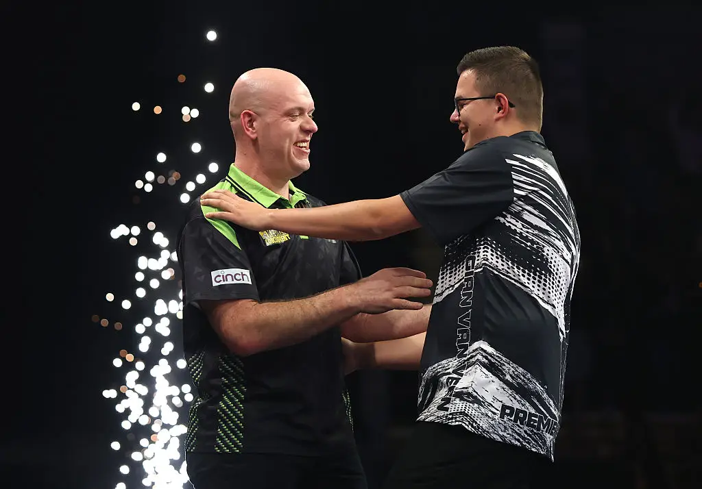 Van Gerwen beat Van Veen to win Night One of the Premier League. (Image: Stu Forster/Getty Images)