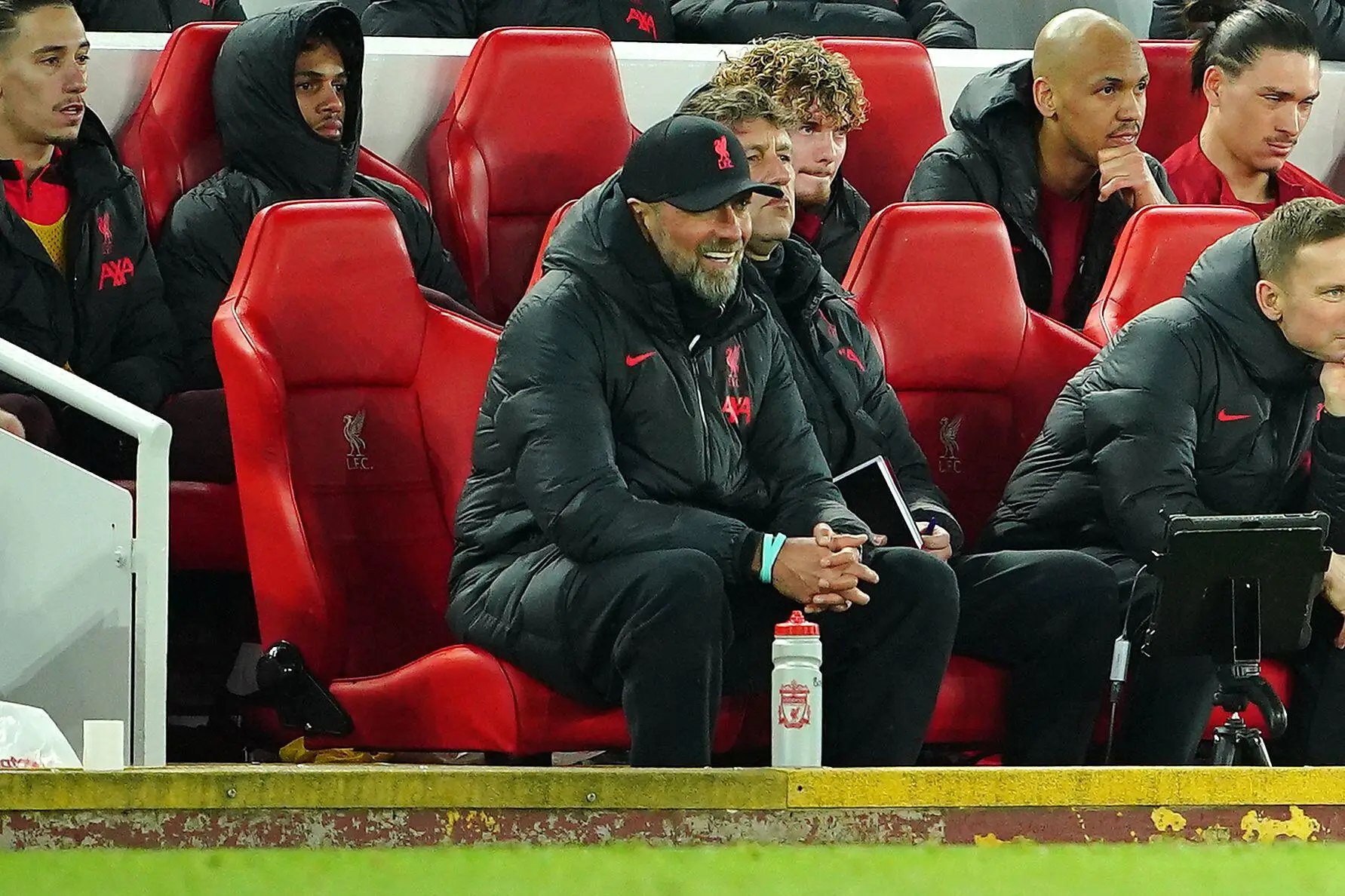 Jurgen Klopp watches on with his coaching team. Image: Alamy