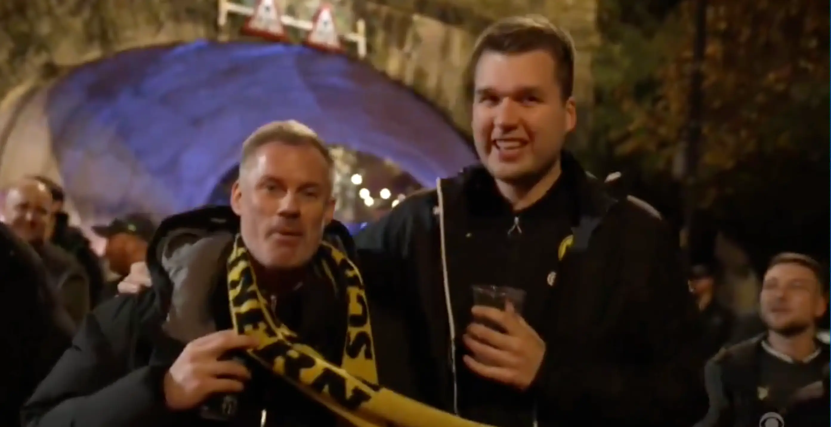 Jamie Carragher walked to the Etihad with the Dortmund fans. Image credit: CBS Sports