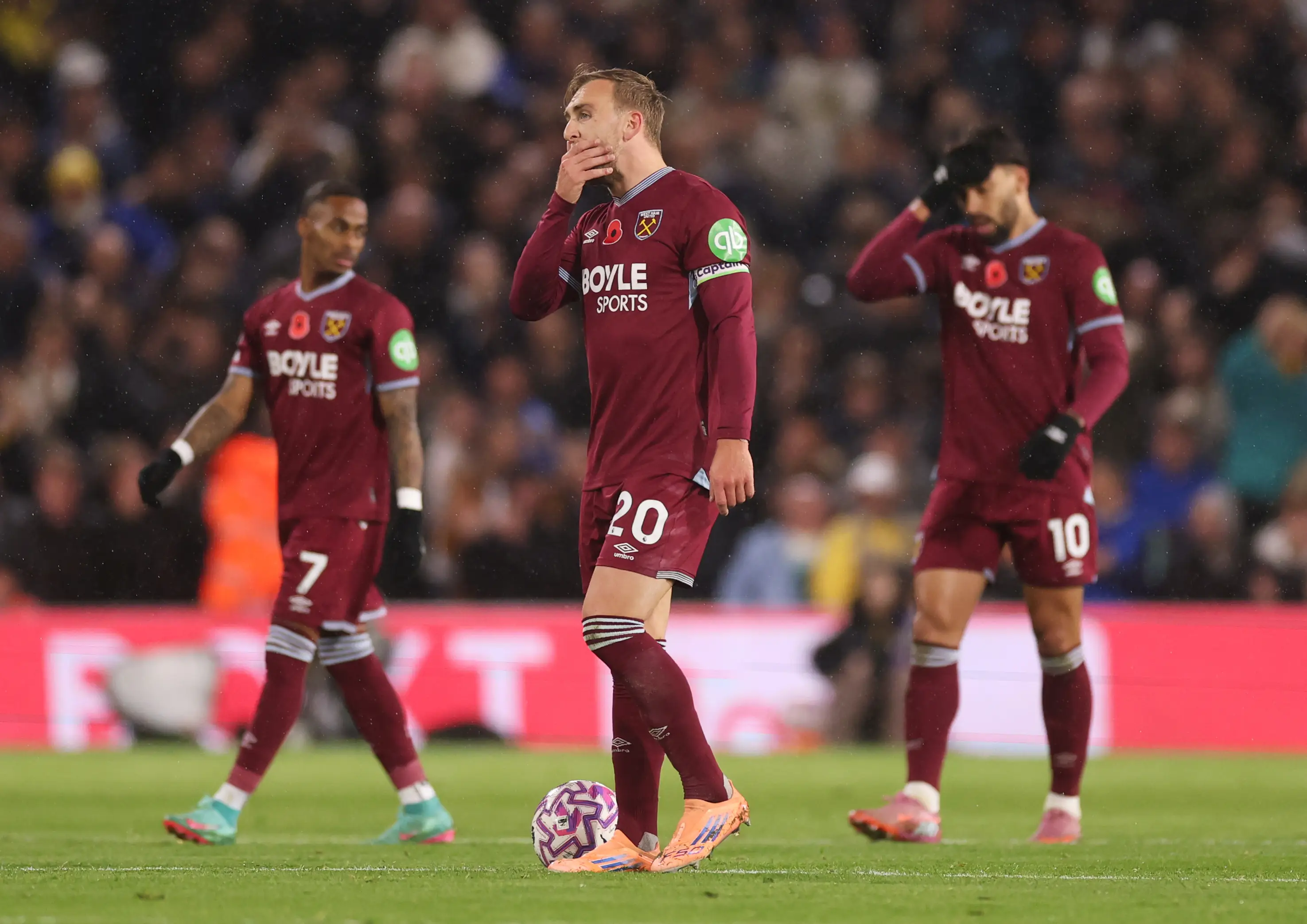 Jarrod Bowen cuts a frustrated figure against Leeds United. Image: Getty 
