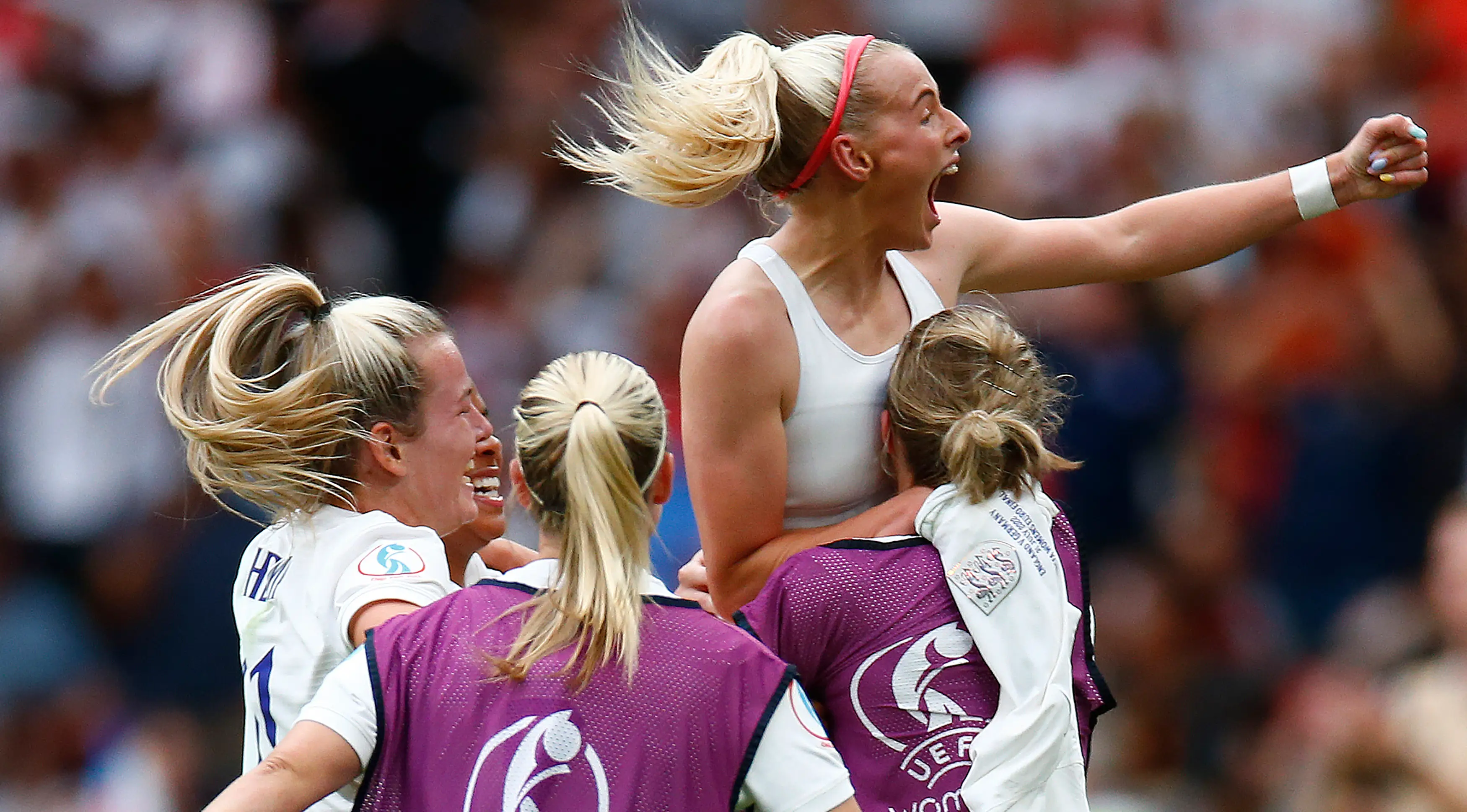 Chloe Kelly celebrates scoring an extra-time goal against Germany in the Euro 2022 final. Image credit: Getty