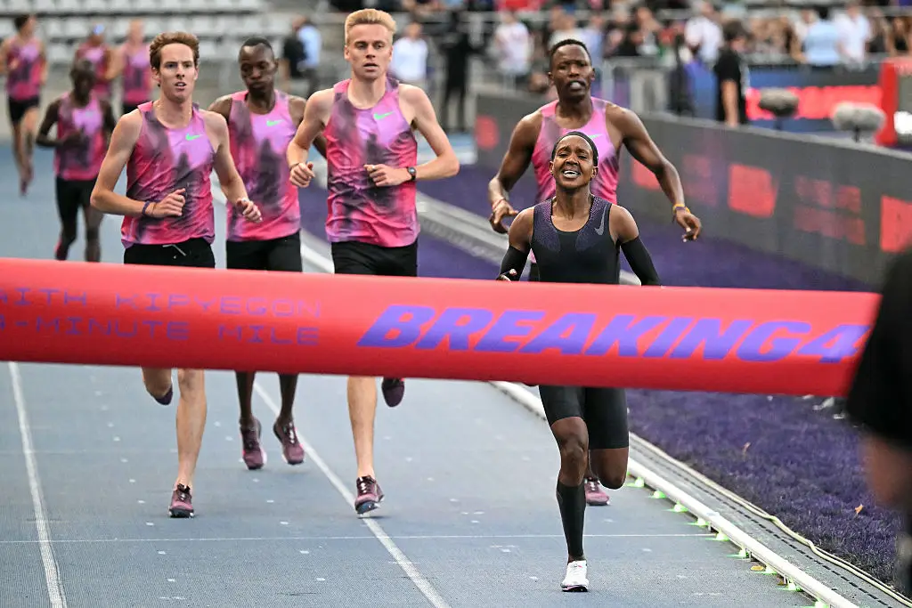 Faith Kipyegon tried to become the first woman to run a sub four minute mile at the Breaking 4 event. (Image: Getty)