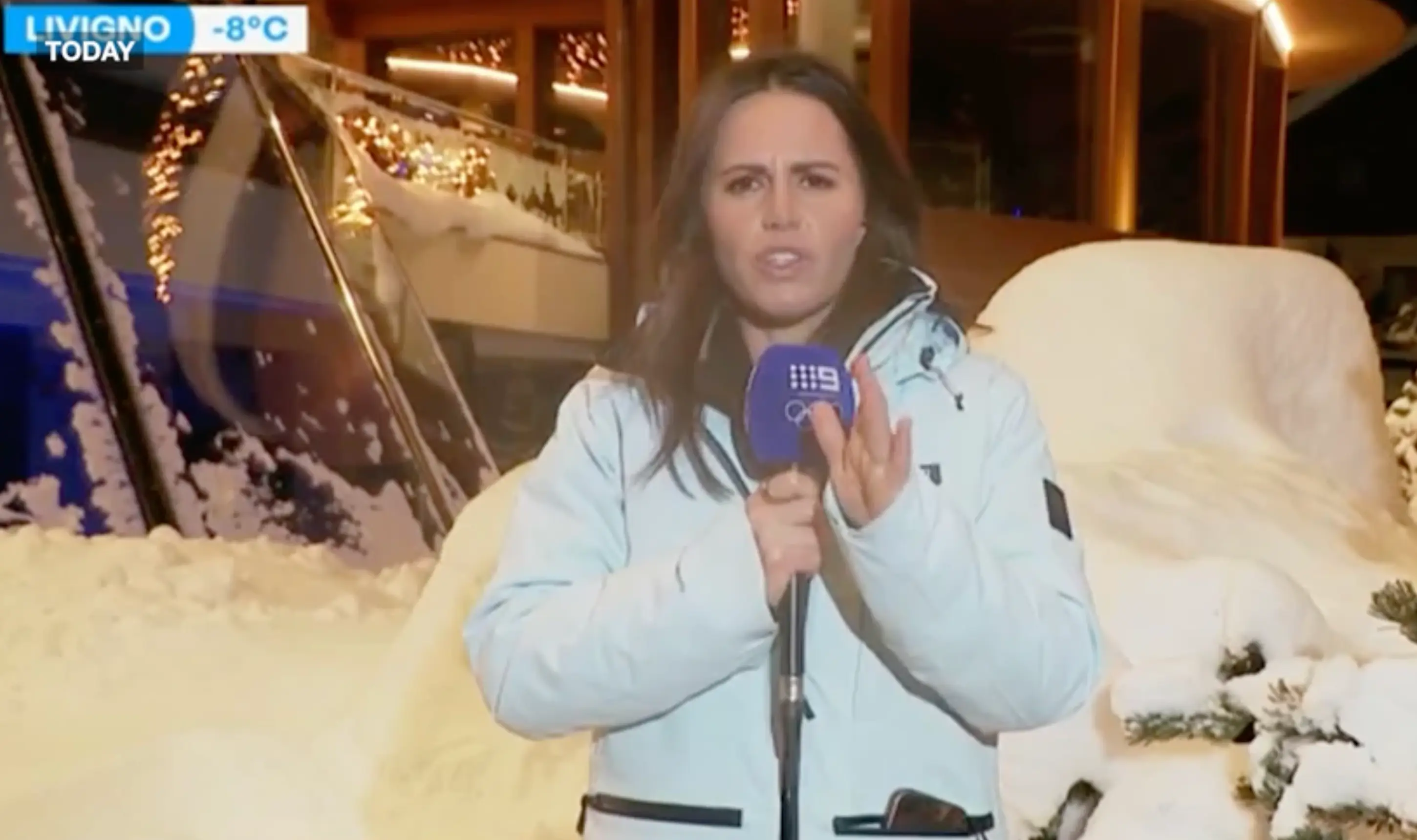Mason is reporting on the Winter Olympics live in Livigno, Italy. (Image: Channel 9)