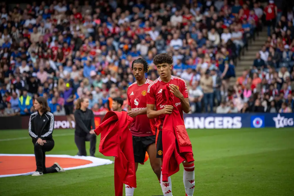 Leny Yoro pictured with Man Utd academy graduate Ethan Wheatley before the pre-season friendly vs Rangers -