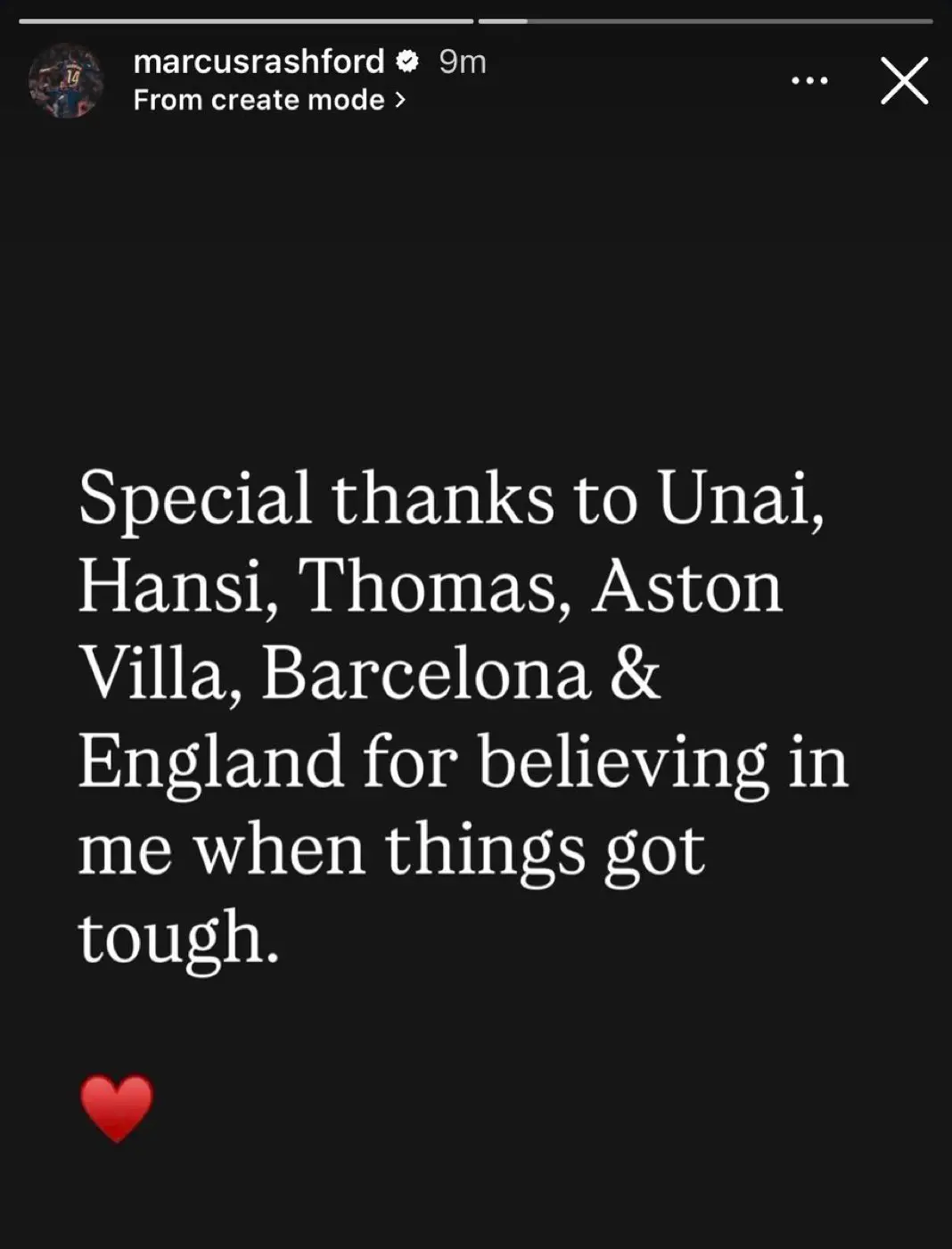 Rashford's post after he was called up to play for England at the 2026 World Cup. Image credit: Instagram/marcusrashford
