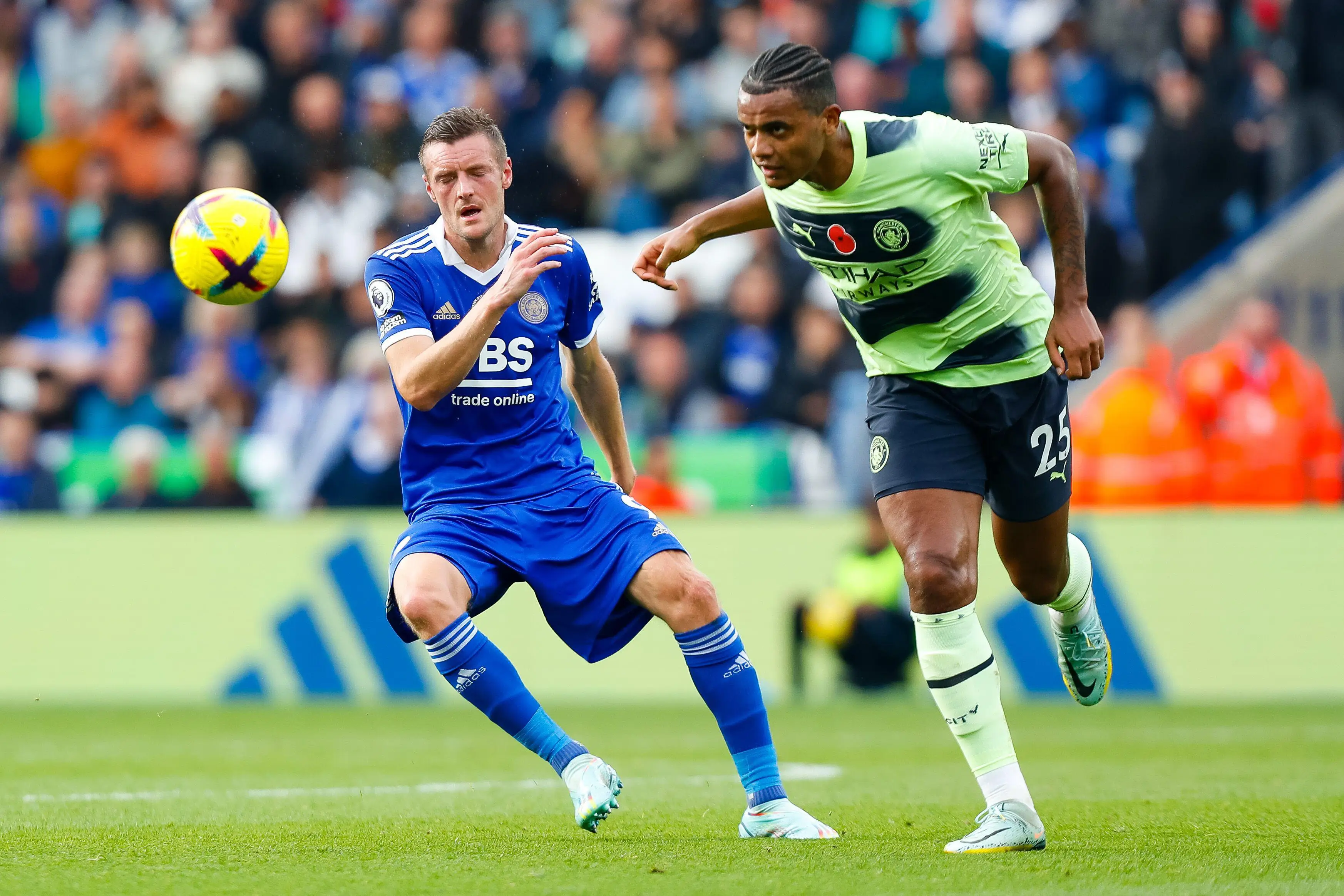 Manuel Akanji heads clear of Jamie Vardy (Image: Action Plus Sports Images/Alamy)
