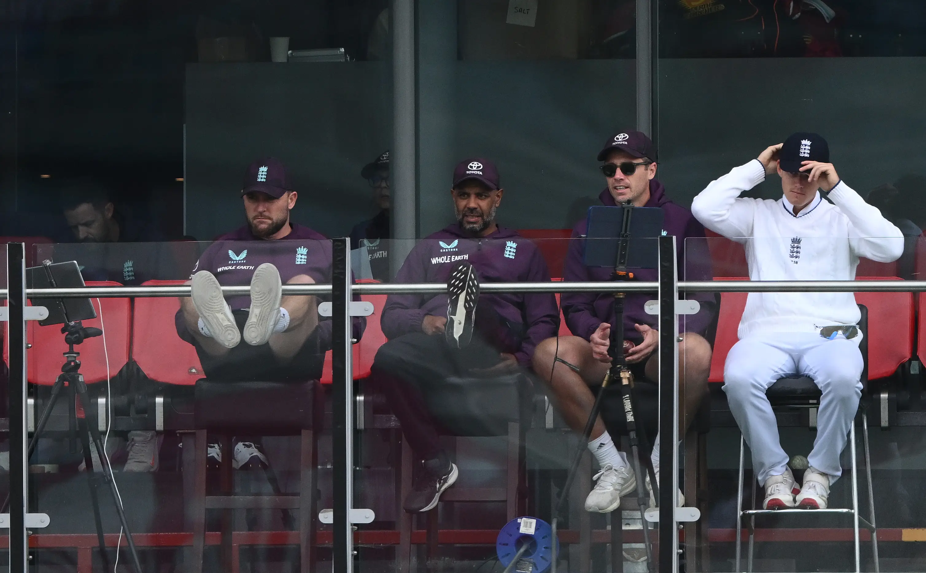 England head coach Brendon McCullum (left) with his assistants Jeetan Patel (centre) and Tim Southee (right). Image: Getty