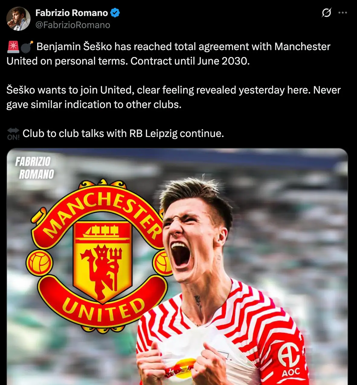 Benjamin Sesko is closing in on a move away from RB Leipzig (Image: Twitter/Fabrizio Romano)