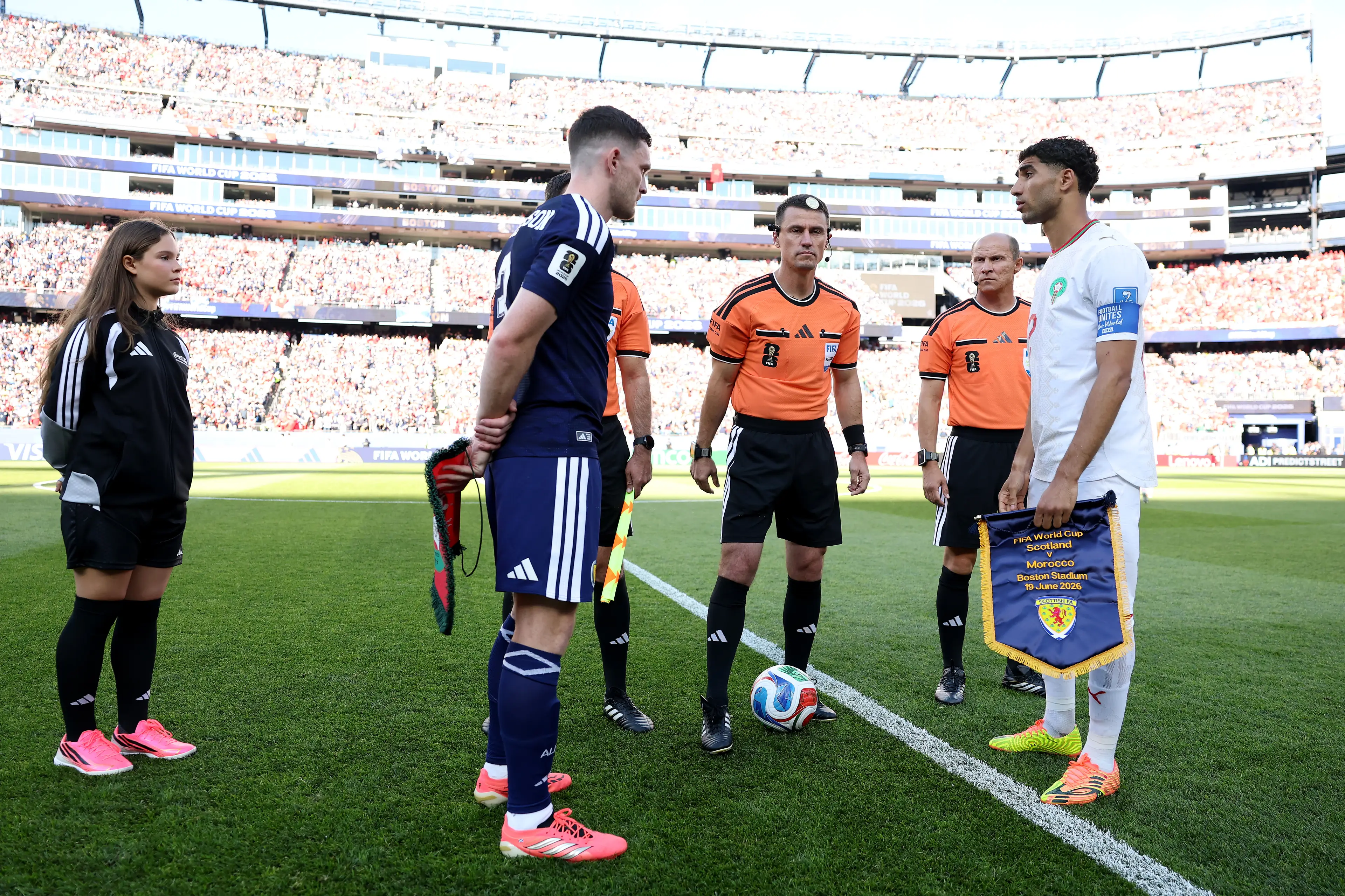 Captains Andy Robertson #3 of Scotland and Achraf Hakimi #2 of Morocco attend the coin toss before the FIFA World Cup 2026 Group C match between Scotland and Morocco (Getty Images)
