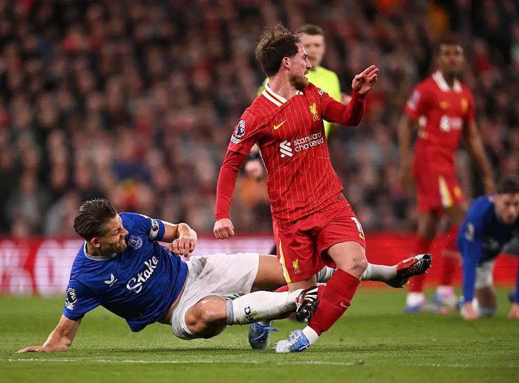The PGMOL have confirmed that James Tarkowski should have been shown a red card for his tackle on Alexis Mac Allister. (Image: Getty)