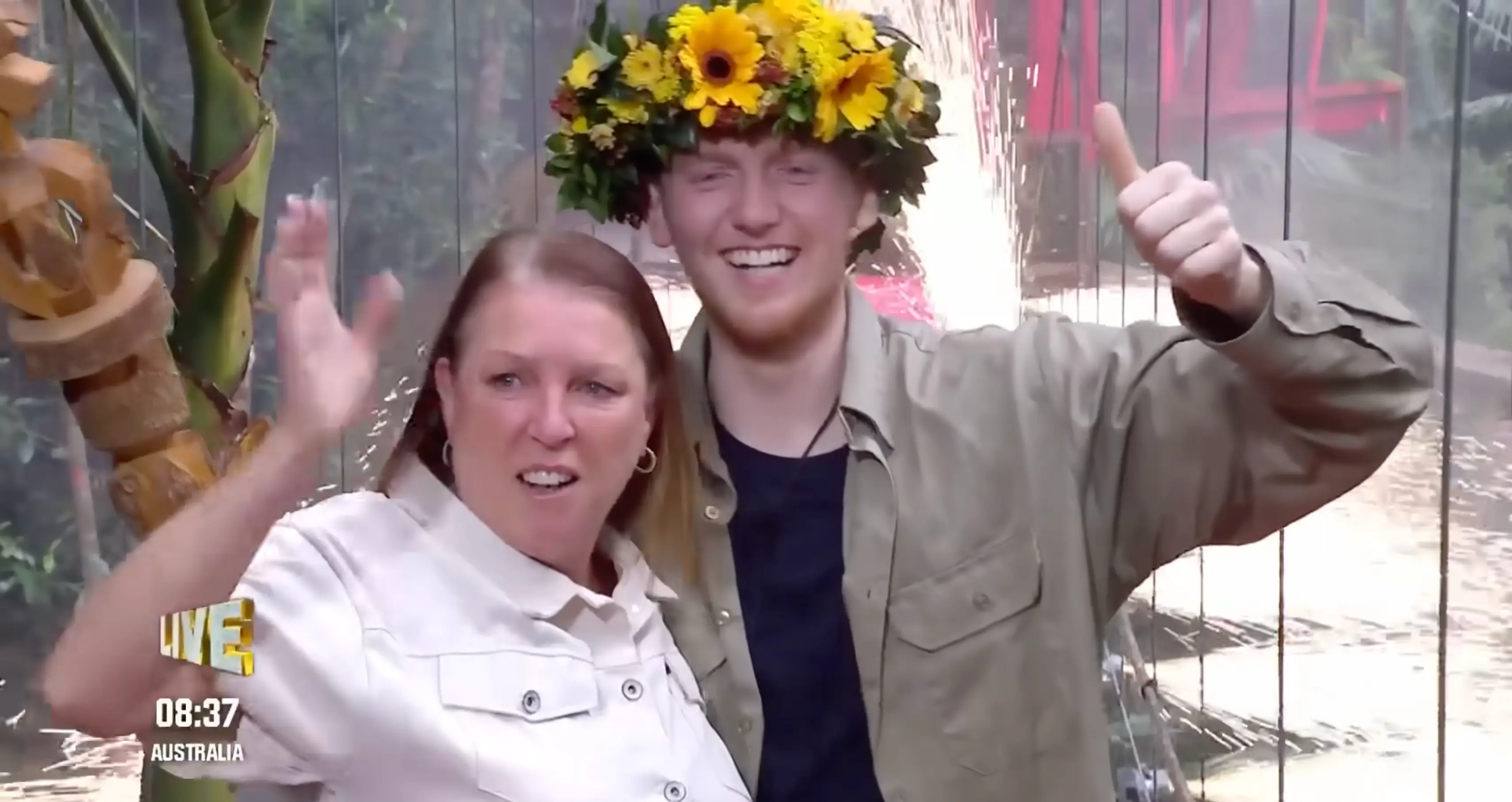 Ginge celebrated with his mum once he crossed the bridge as the King of the Jungle. (Image: ITV)