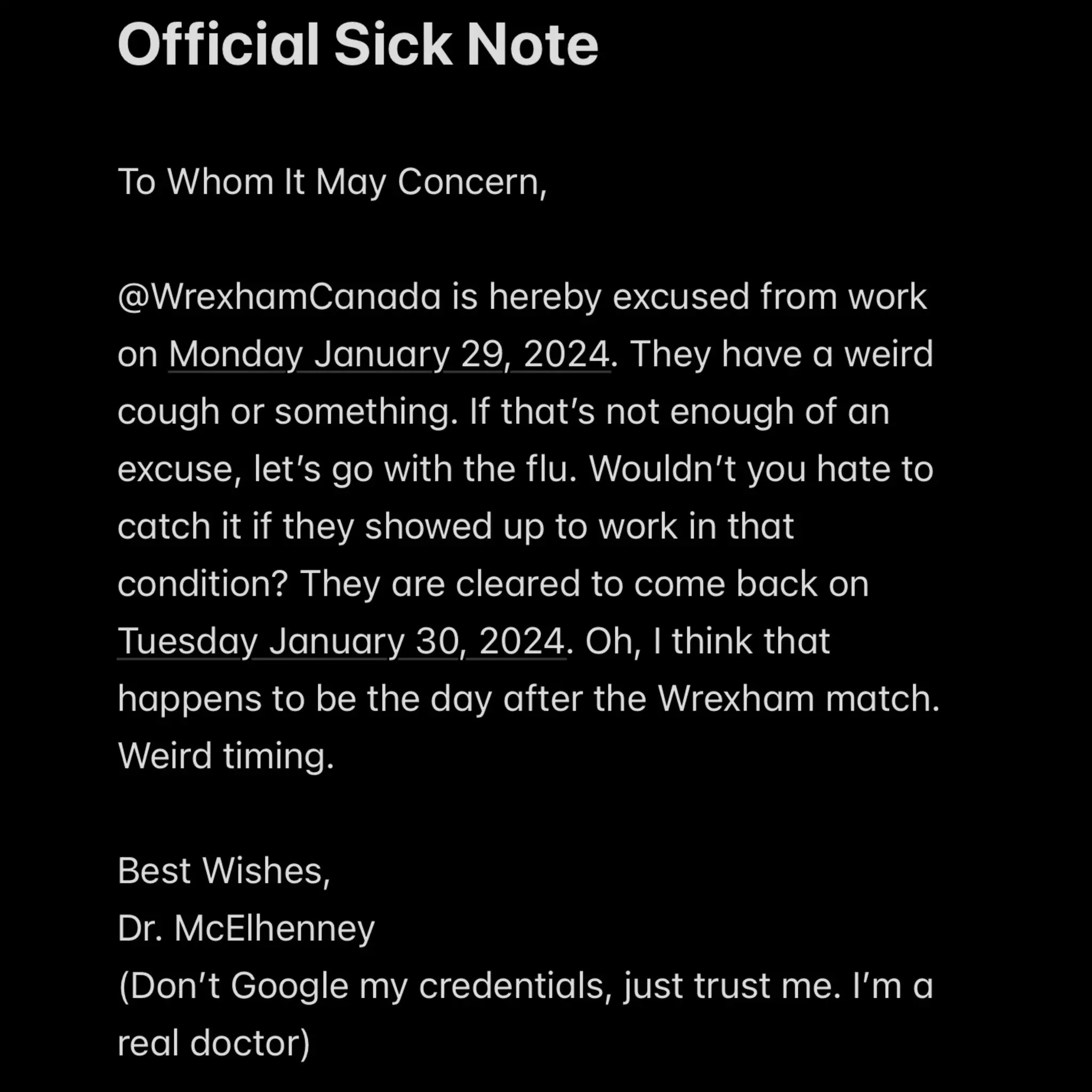 McElhenney's note, which may not work if you use it on your boss. (Image