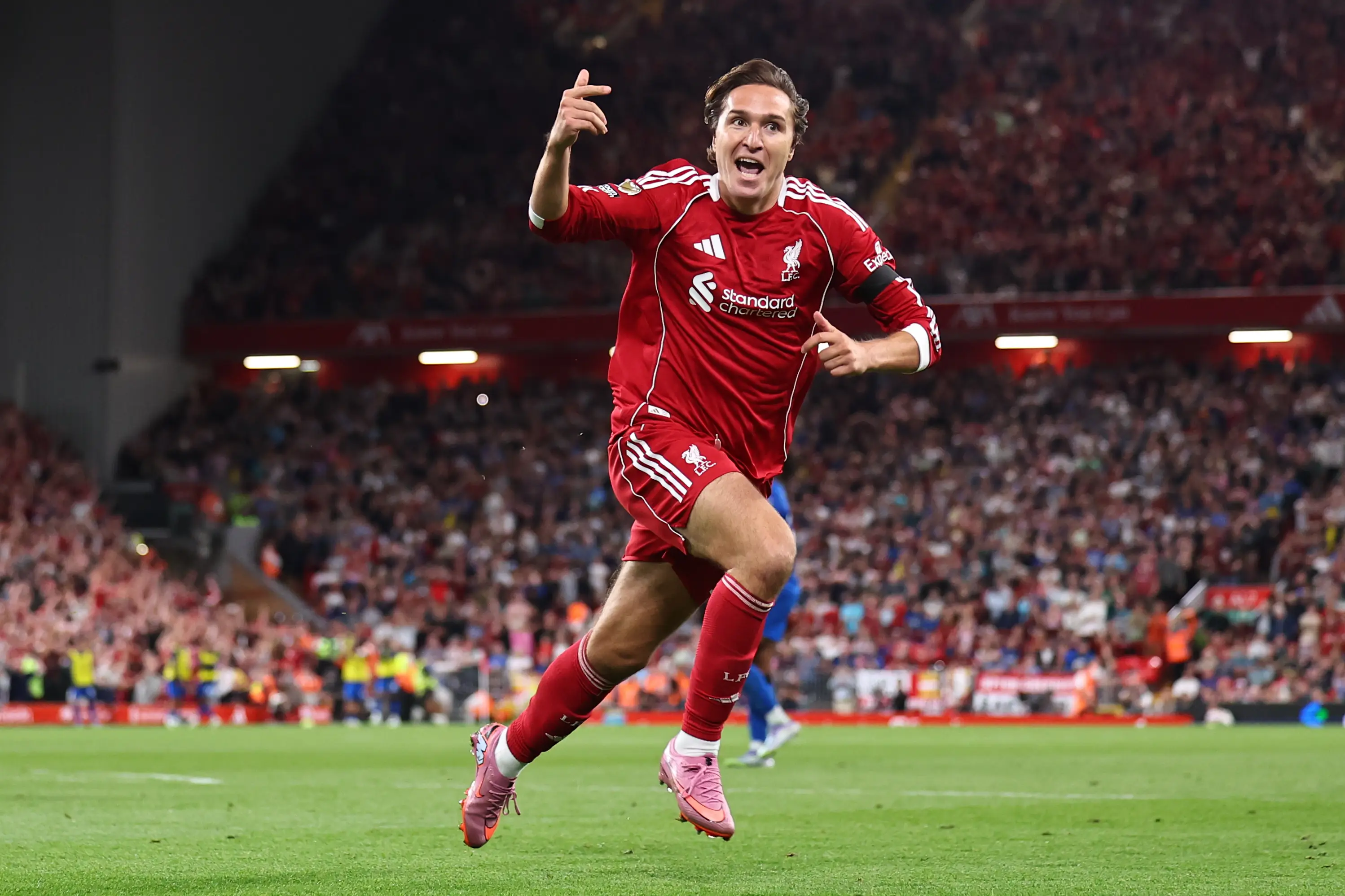 Federico Chiesa wheels away in celebration after scoring for Liverpool against Bournemouth. Image: Getty 