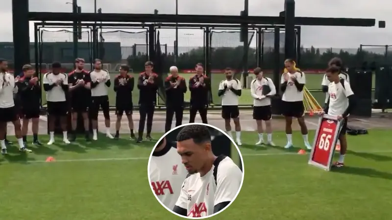 Liverpool fans can't take their eyes off one player's face as Trent Alexander-Arnold gives farewell speech in training