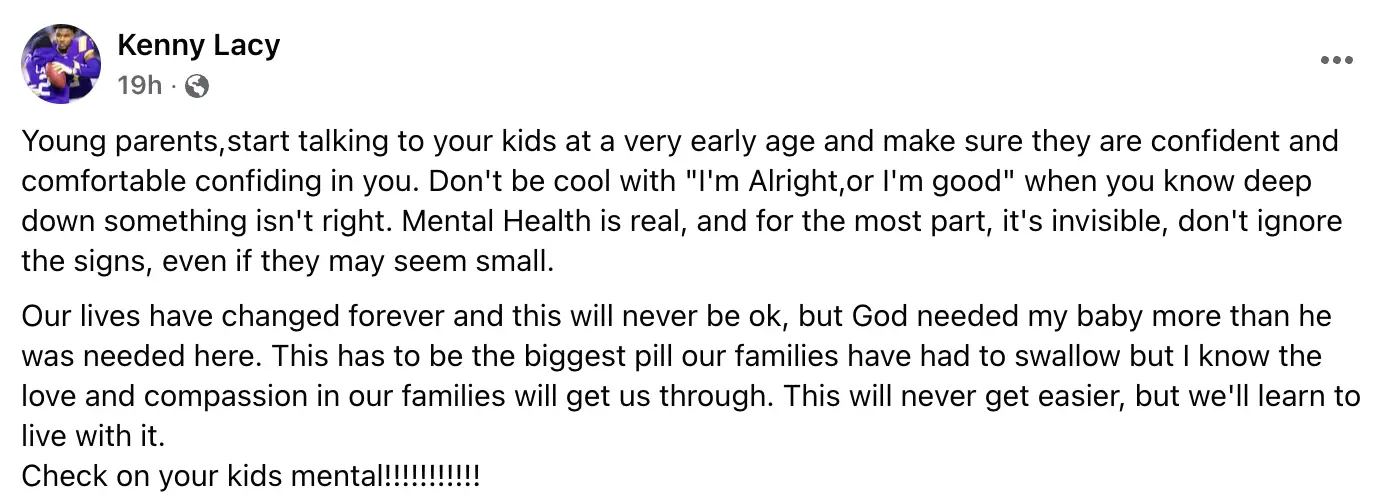 Lacy's father Kenny posted a statement on social media following his son's death (Image: Facebook)