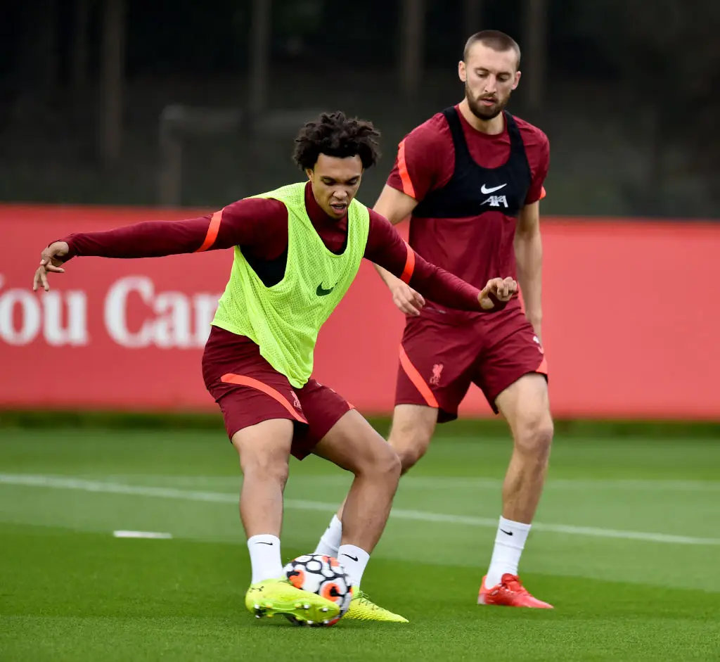 Trent Alexander-Arnold and Nat Phillips in Liverpool training (Credit:Getty)