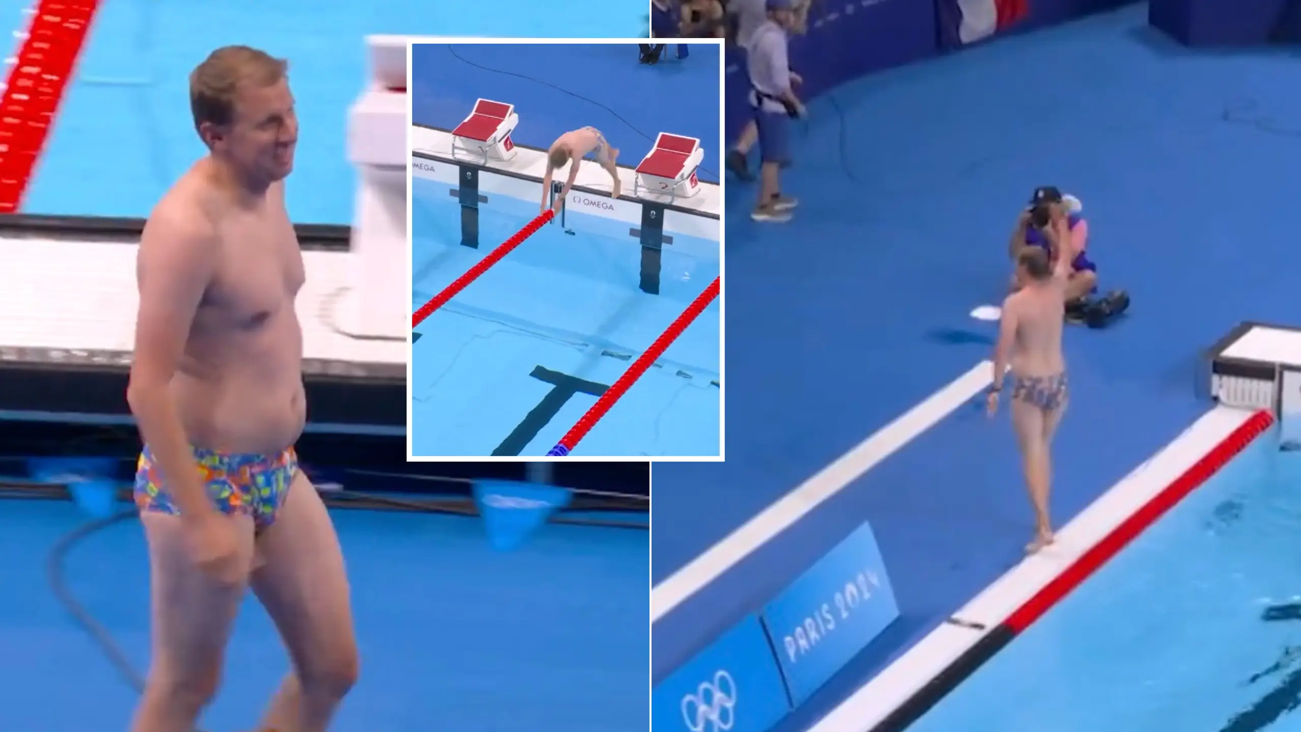 Olympic fans baffled as middle-aged man in 'snazzy shorts' comes to the rescue in swimming event