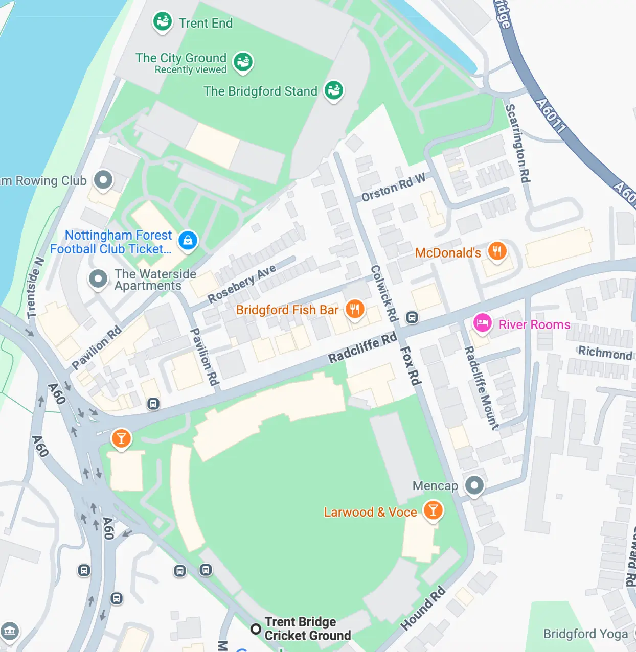 The distance between the City Ground and Trent Bridge is just 0.2 miles (Image: Google Maps)