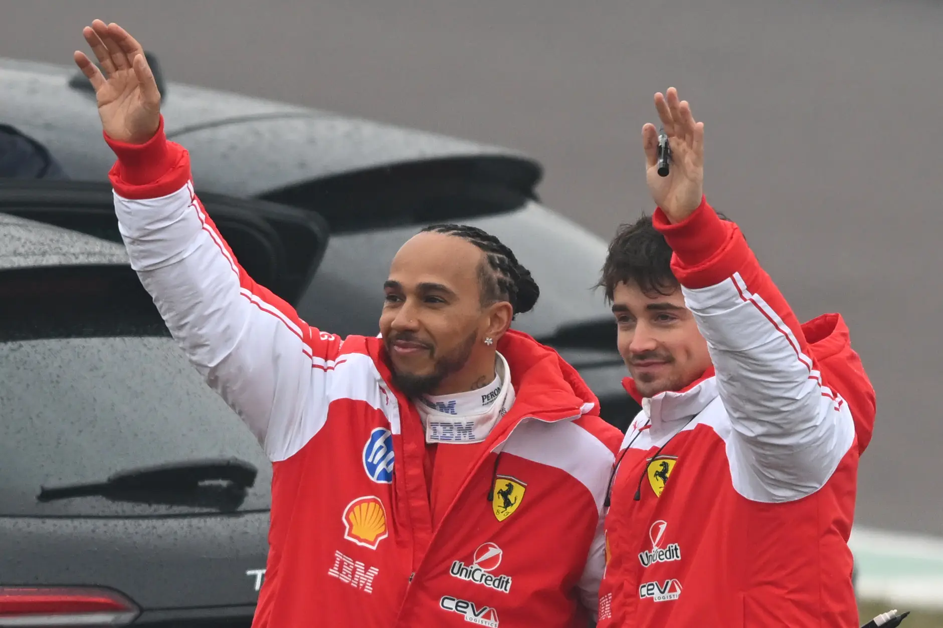 Ferrari drivers Lewis Hamilton and Charles Leclerc. (Image: Getty)