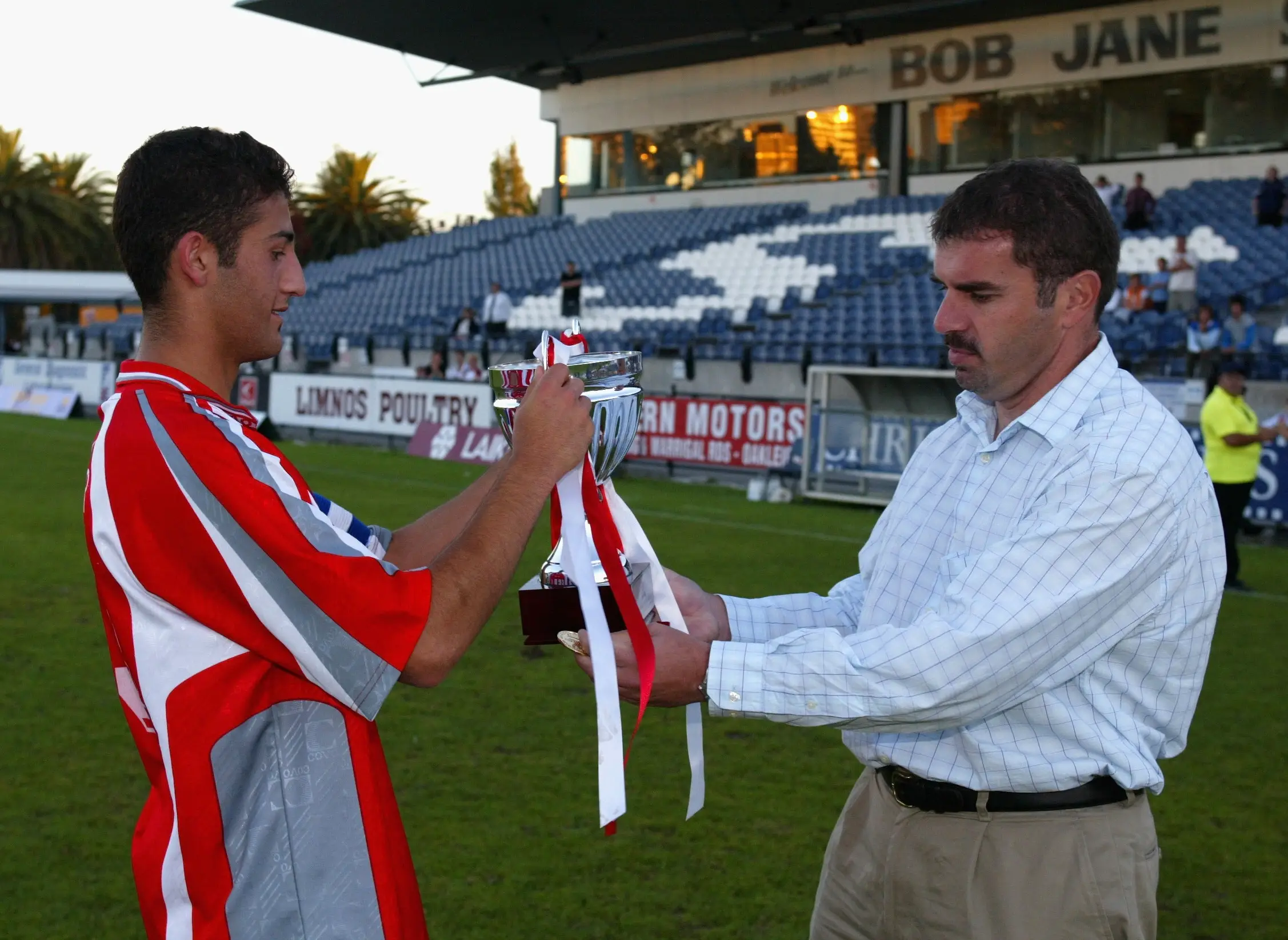 Ange Postecoglou during his early days as a manager in Australia. Image: Getty 