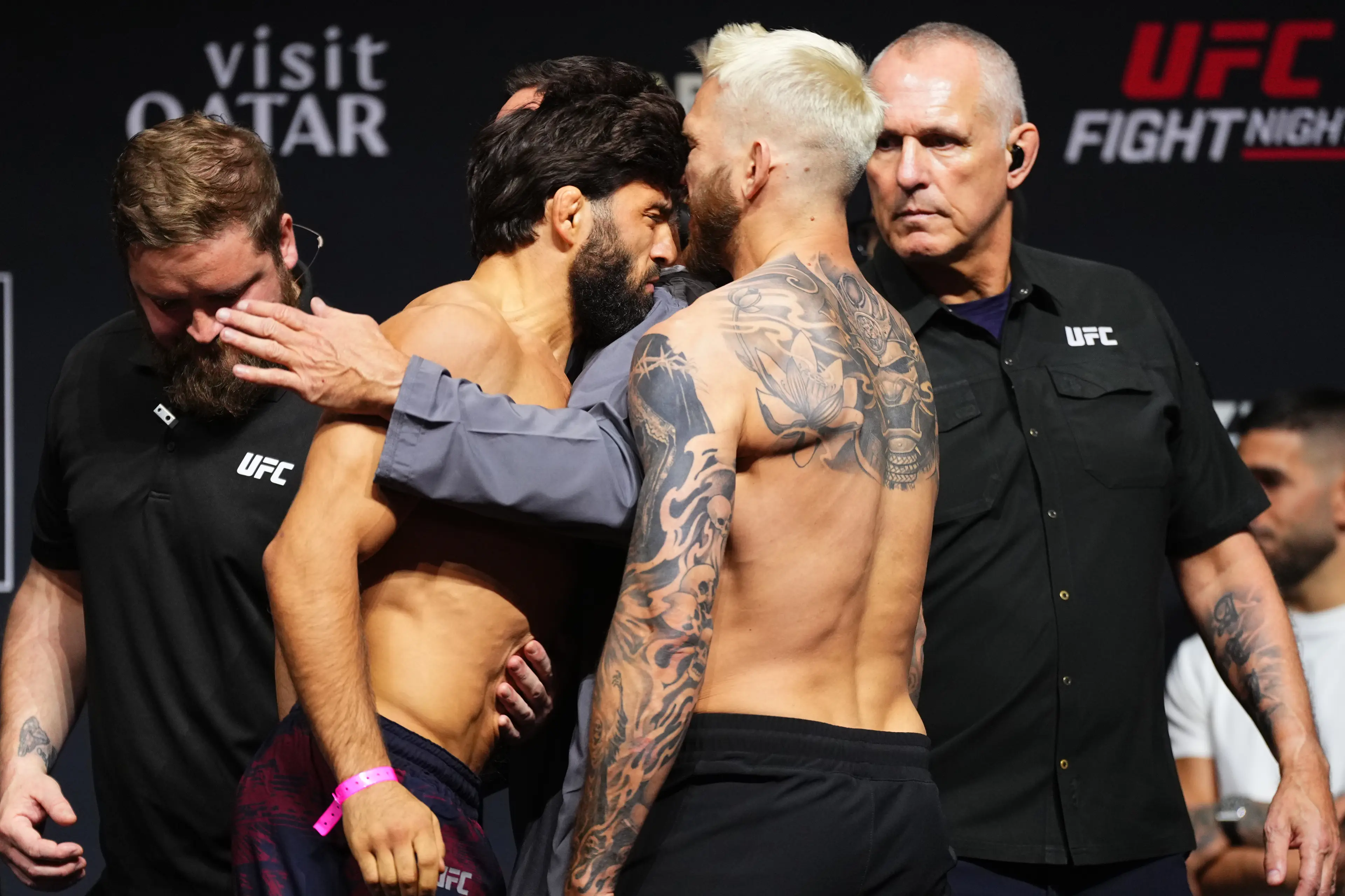 Arman Tsarukyan headbutted Dan Hooker at the ceremonial weigh-ins ahead of their main-event bout in Qatar. Image: Getty 