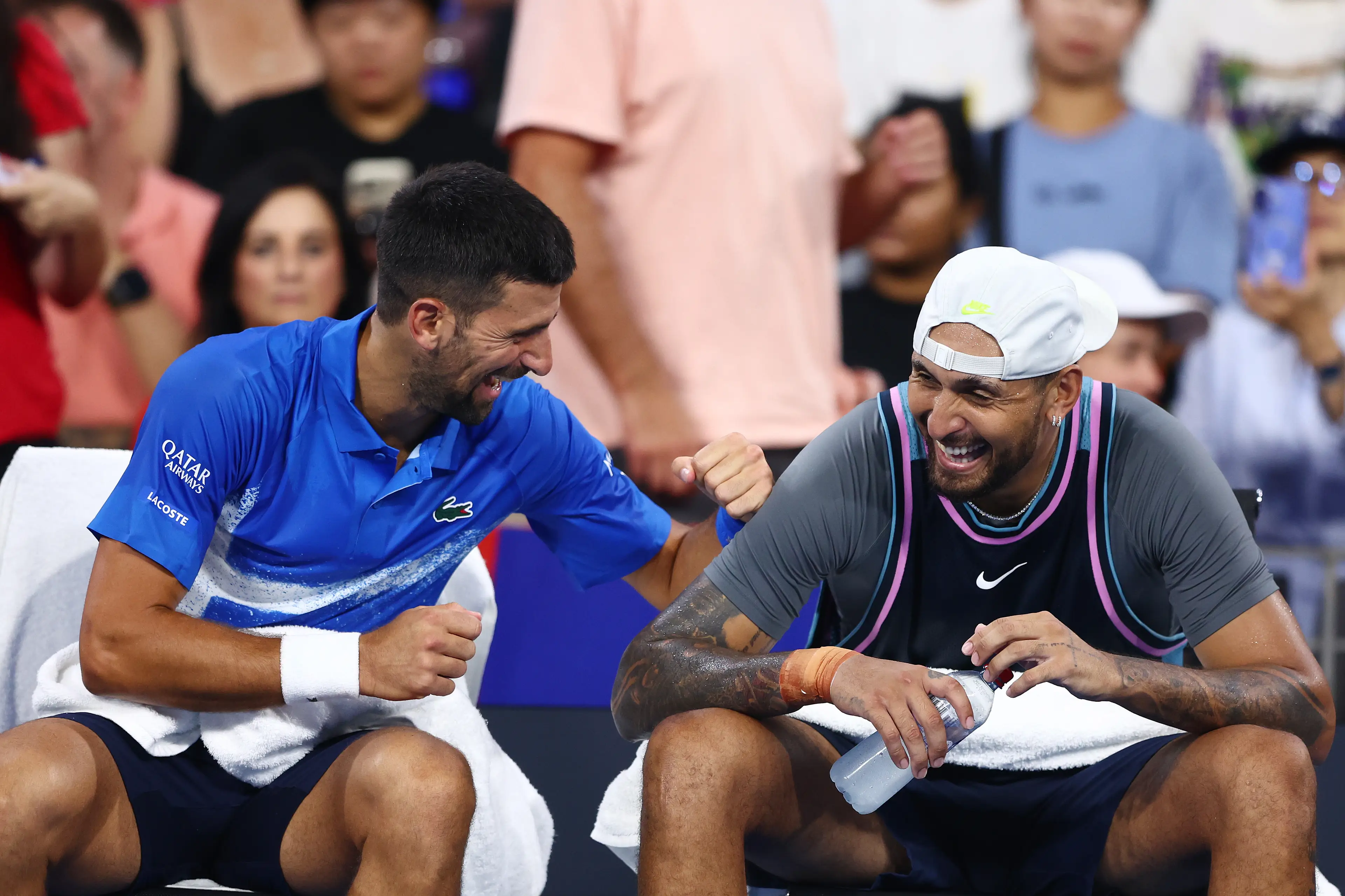 Novak Djokovic and Nick Kyrgios. Image: Chris Hyde / Stringer via Getty