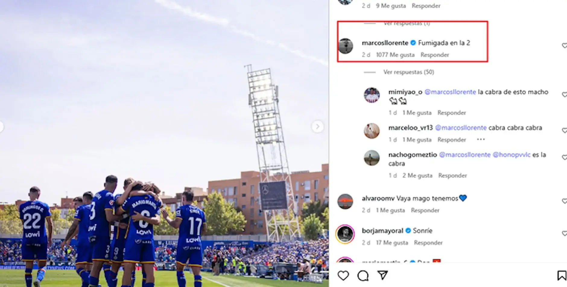 Llorente left a comment on the Instagram post. Image credit: Marca