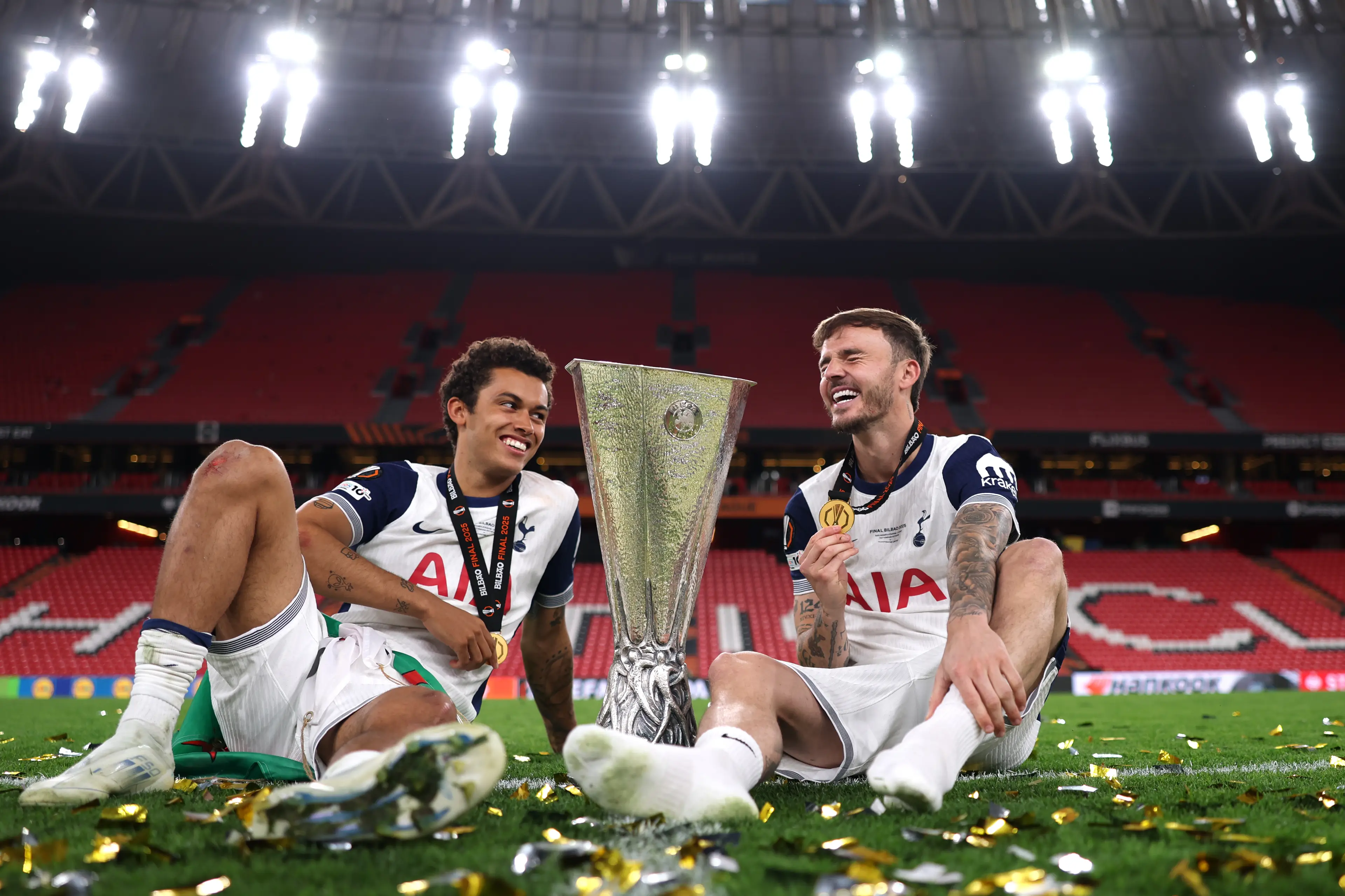 James Maddison celebrating Spurs' Europa League victory with Brennan Johnson (Image: Getty)