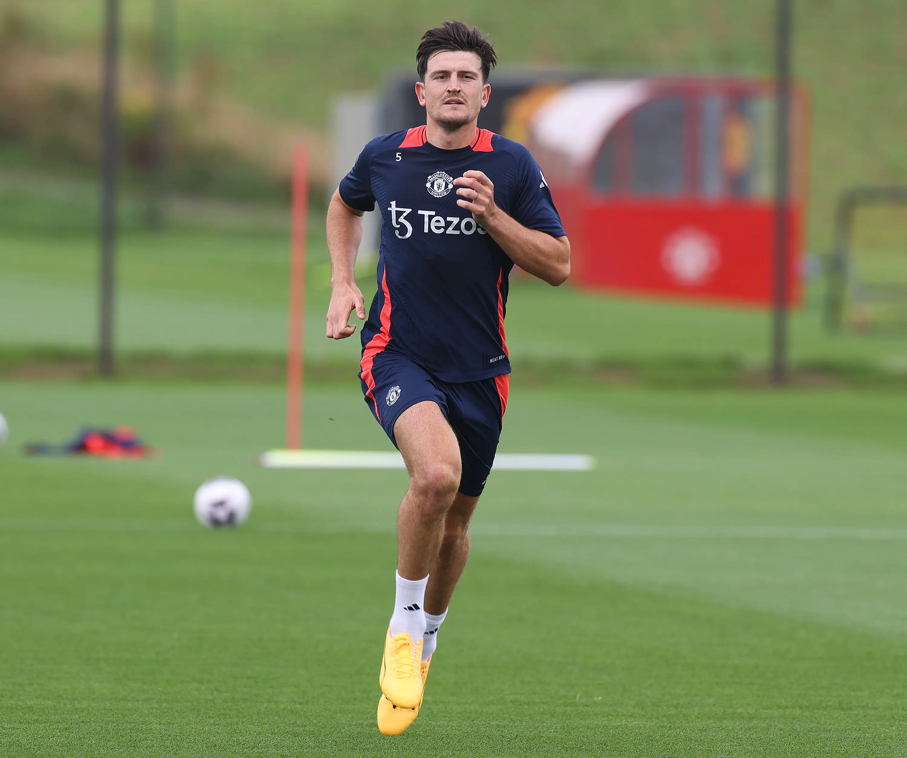 Harry Maguire during a Manchester United pre-season training session. Image: Getty 