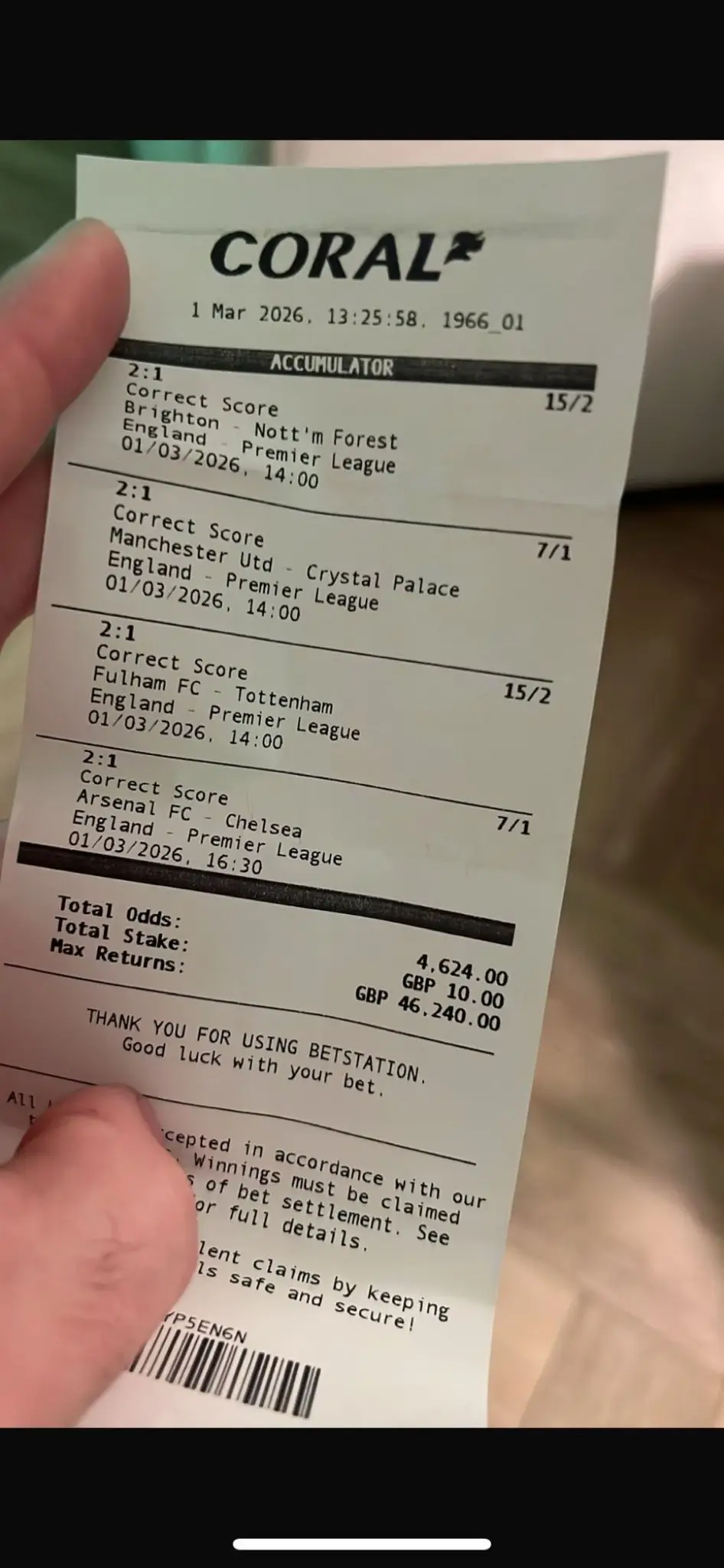 The Coral customer won £46,000. Image: X/@dickieevans1