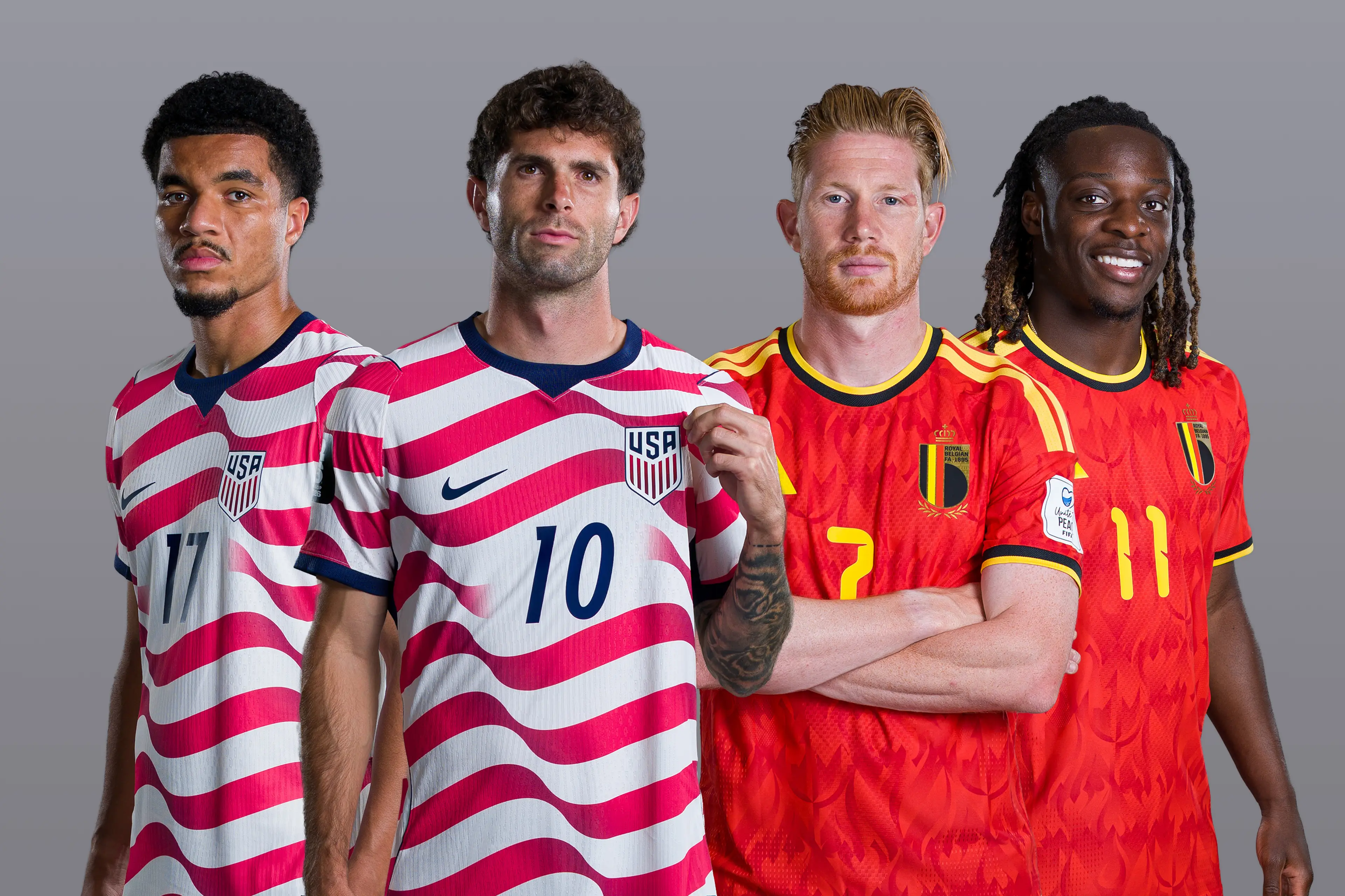 (L-R) Malik Tillman and Christian Pulisic of the United States and Kevin De Bruyne and Jeremy Doku of Belgium ahead of the FIFA World Cup 2026 Round 16 match (Getty Images)