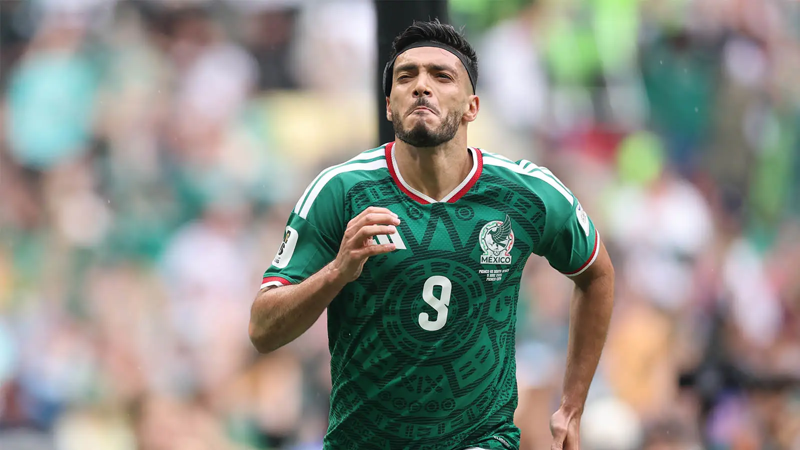 Raul Jimenez (with right sleeve patch visible) celebrates scoring for Mexico against South Africa (Image: Getty)