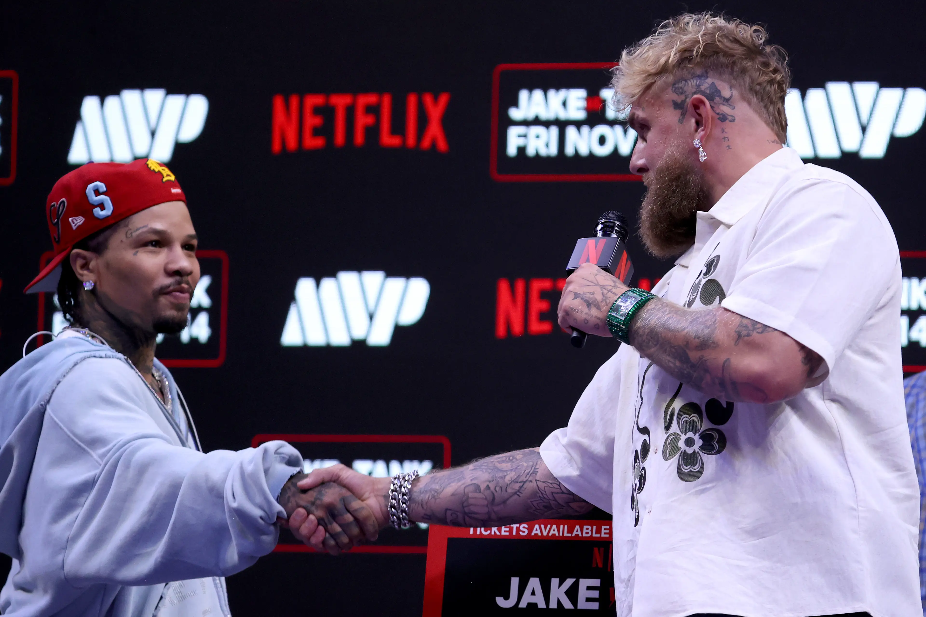 Jake Paul and Gervonta Davis. Image: Leonardo Fernandez / Stringer via Getty