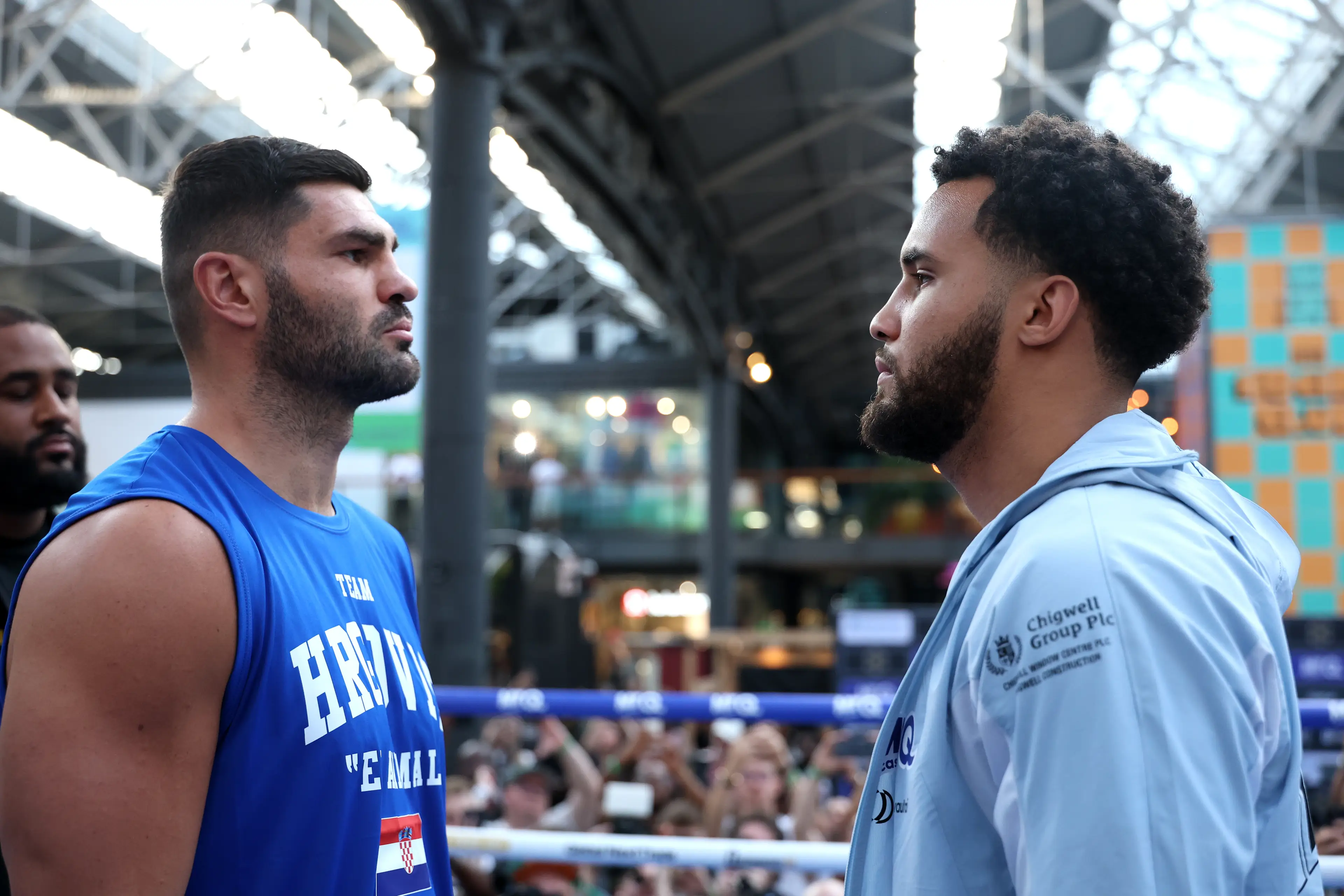 Moses Itauma and Filip Hrgovic face off during the Moses Itauma and Filip Hrgovic Natural Born Thriller workouts at Spitalfields on August 26, 2026 in London, England. Getty Images