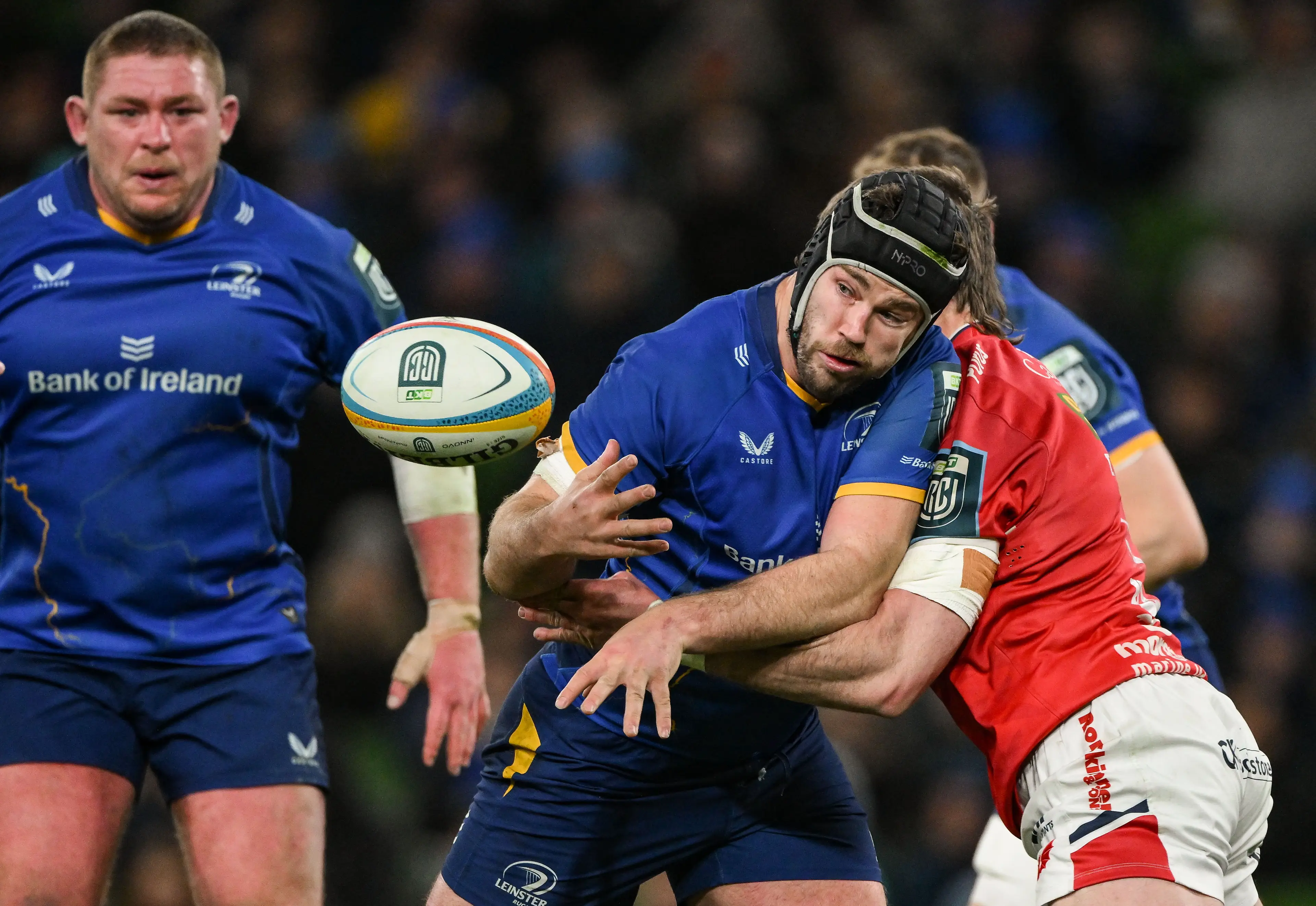 Caelan Doris of Leinster is tackled by Max Douglas of Scarlets during the United Rugby Championship match between Leinster and Scarlets  (Getty Images)