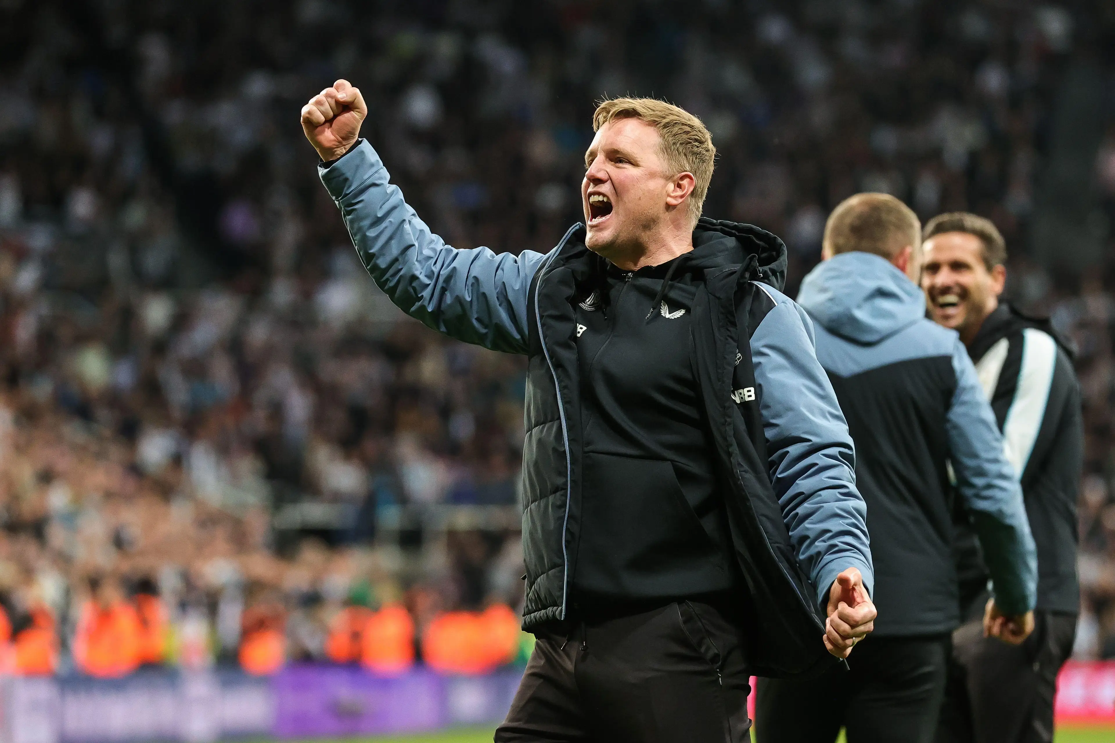 Eddie Howe celebrates leading Newcastle back into the Champions League. Image: Alamy