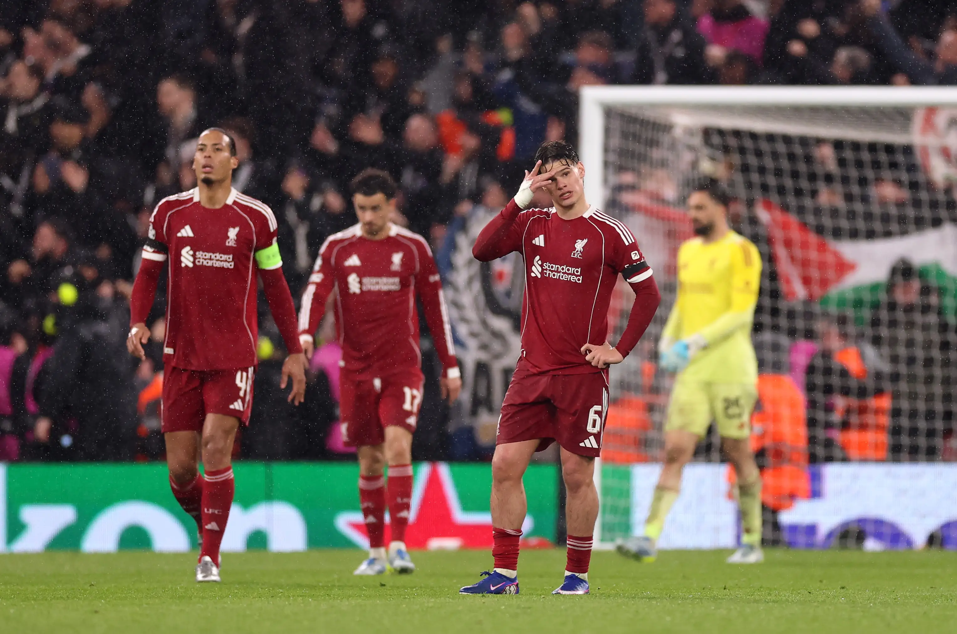 Milos Kerkez of Liverpool looks dejected after Ousmane Dembele of Paris Saint-Germain (not pictured) scores his team's second goal during the UEFA Champions League (Getty Images)