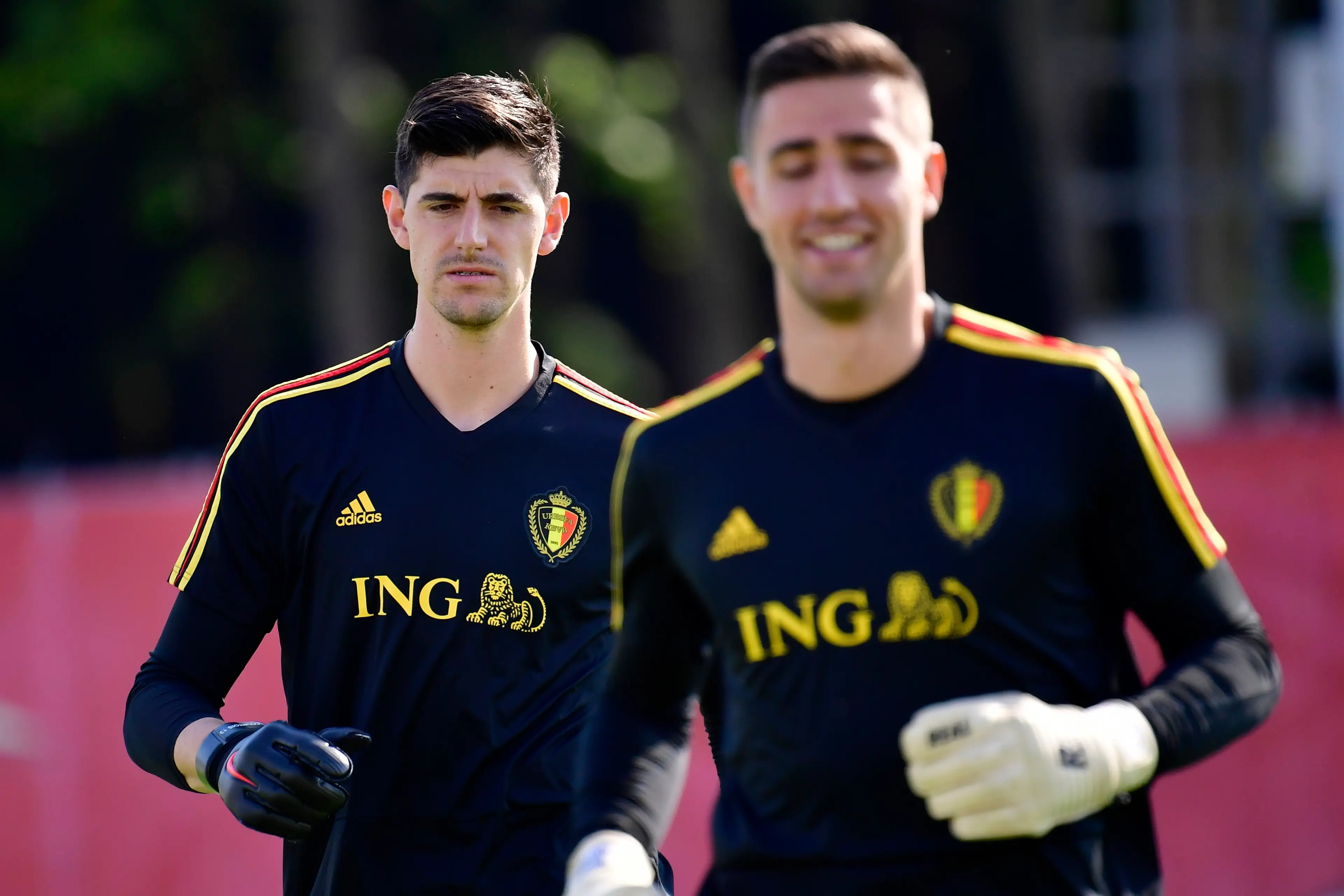 Courtois and Casteels pictured during a training session in 2018. Image credit: Getty