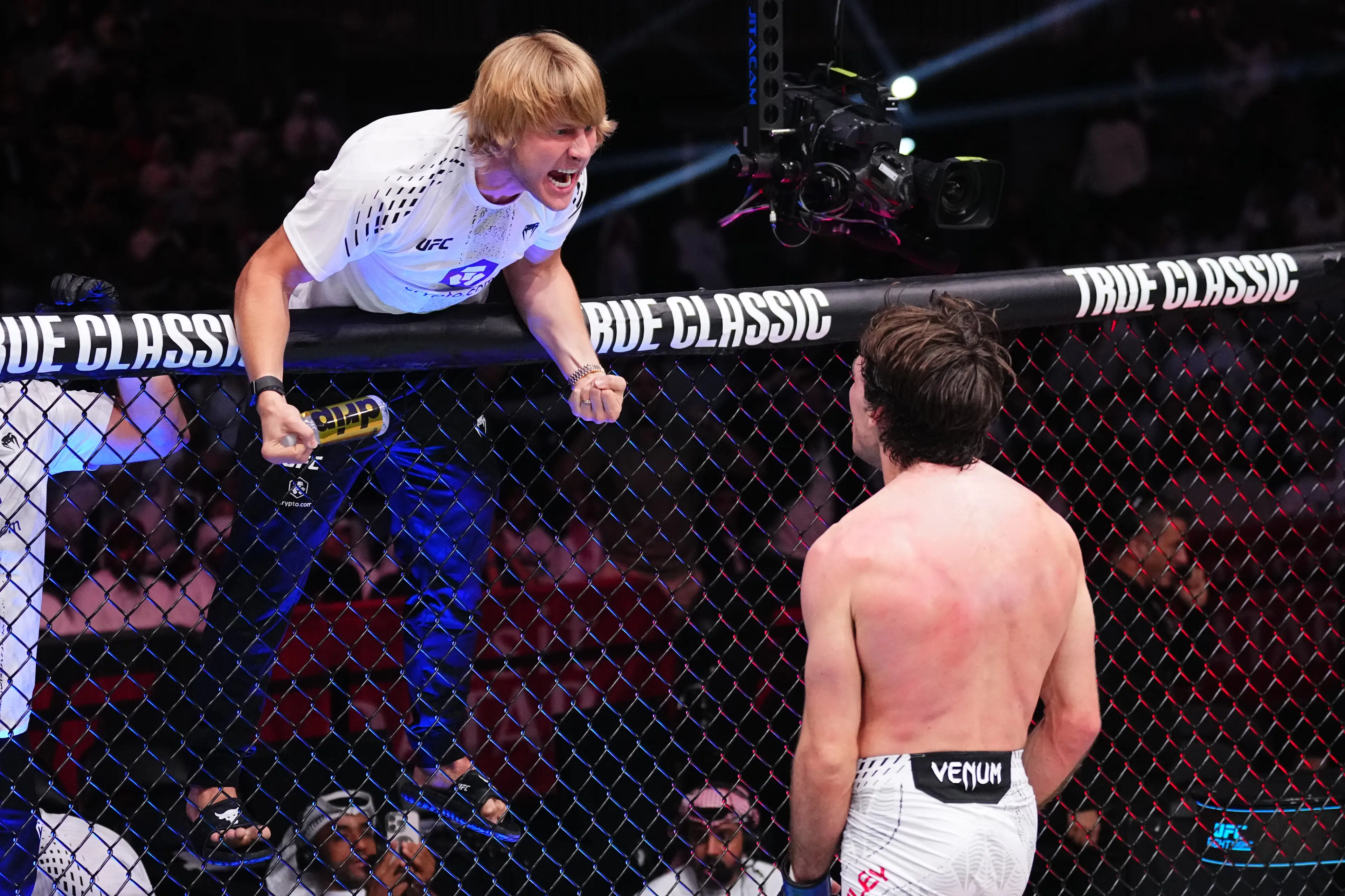 Luke Riley celebrates his UFC win with Paddy Pimblett. Image: Getty 
