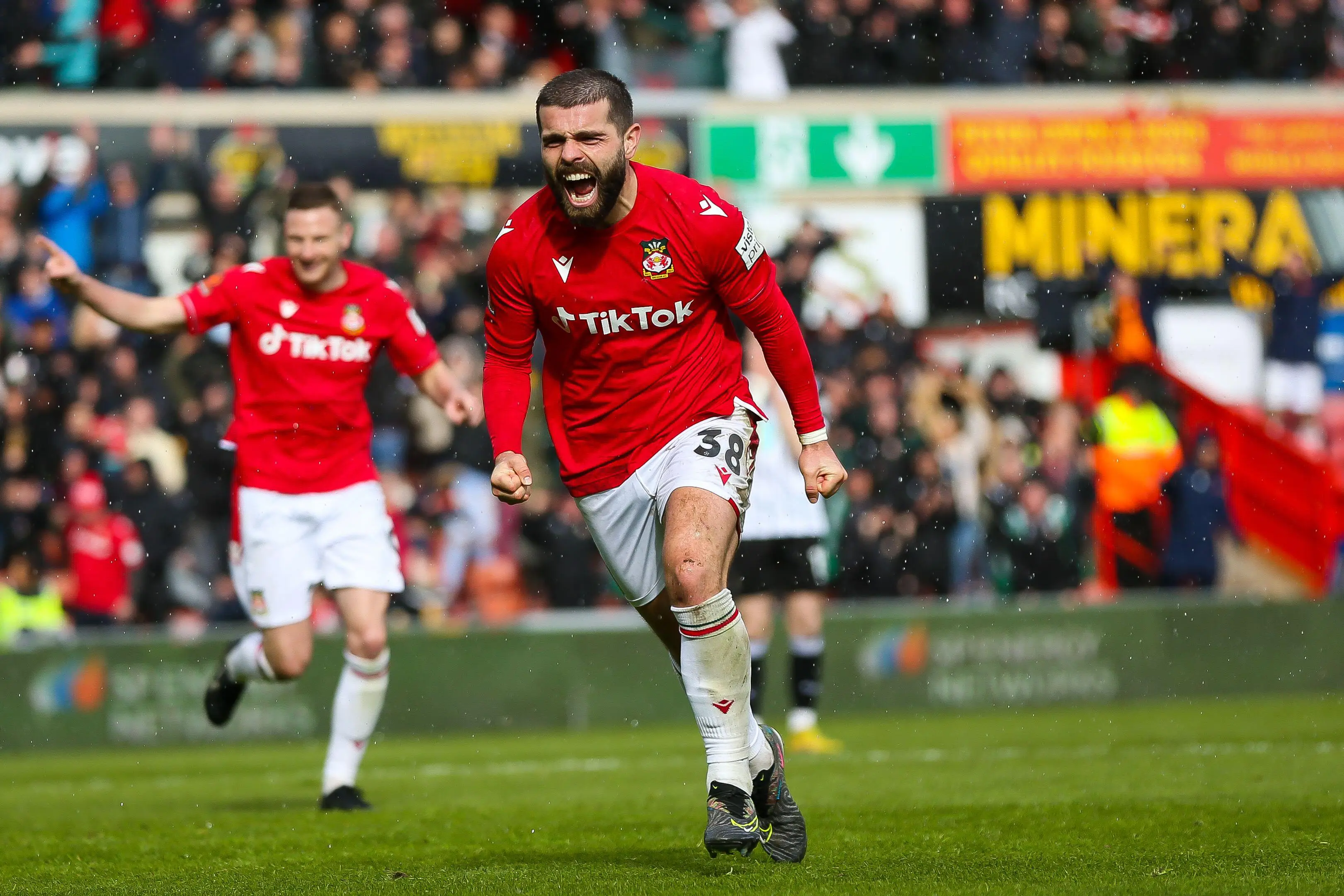 Lee celebrates scoring for Wrexham. Image: Alamy